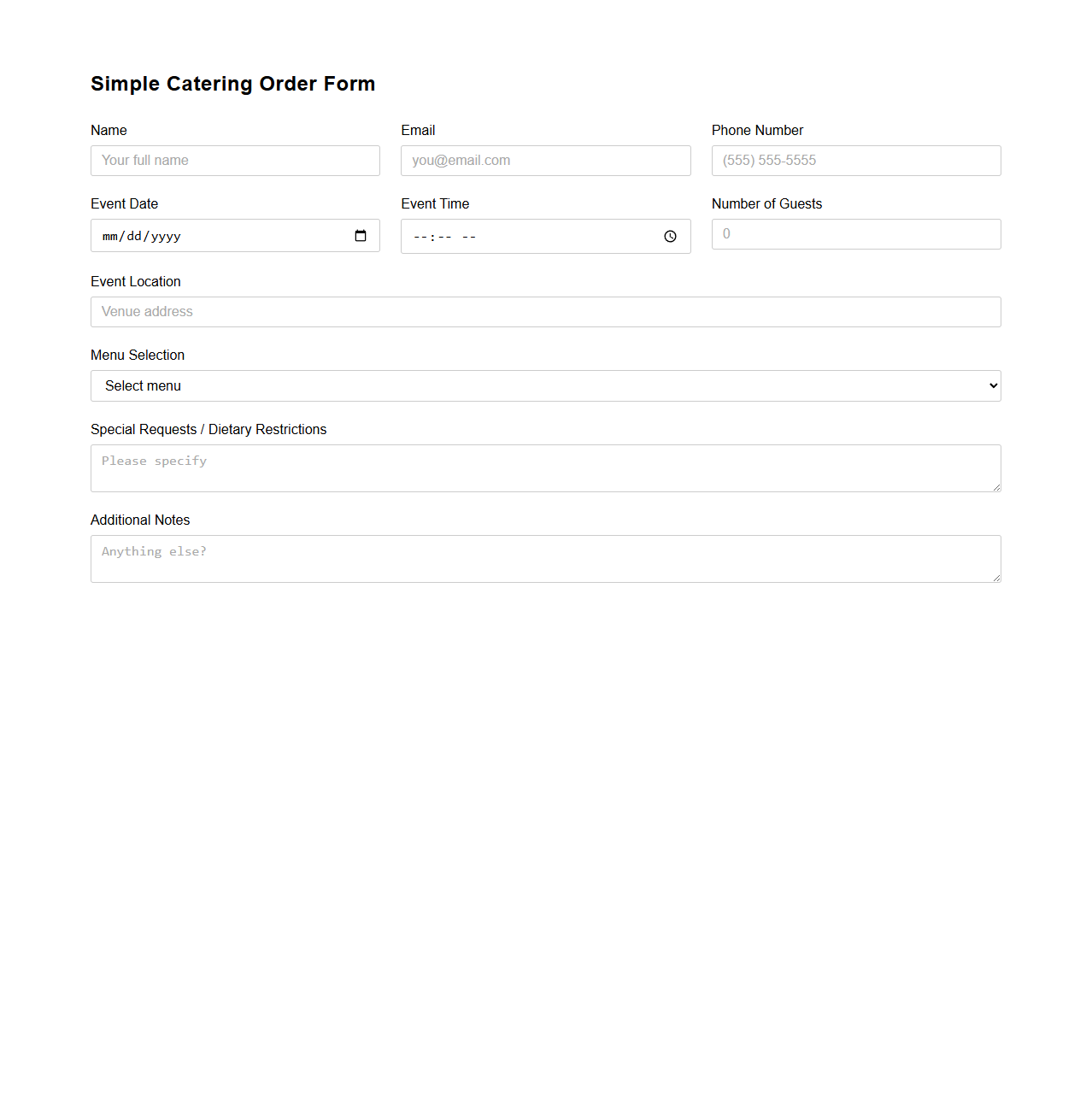 Simple Catering Order Form for Event Planning