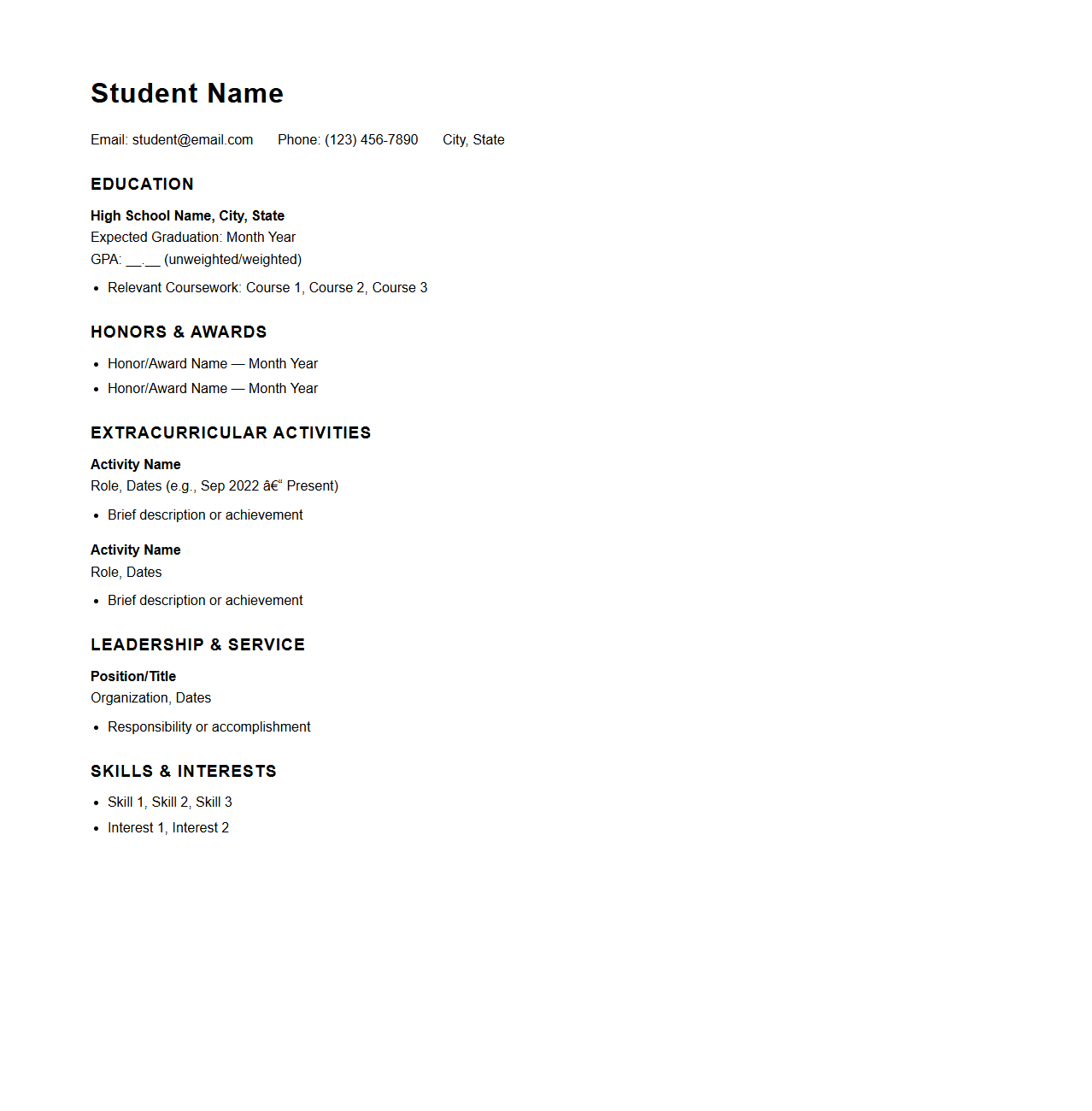 Simple College Resume Outline for Admissions