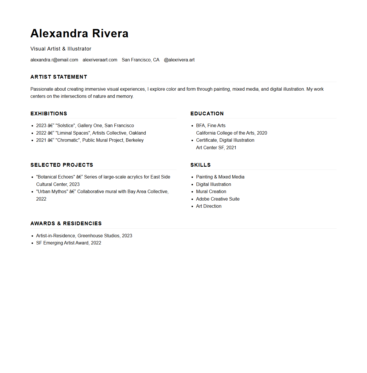 Simple Creative Resume Layout for Artists