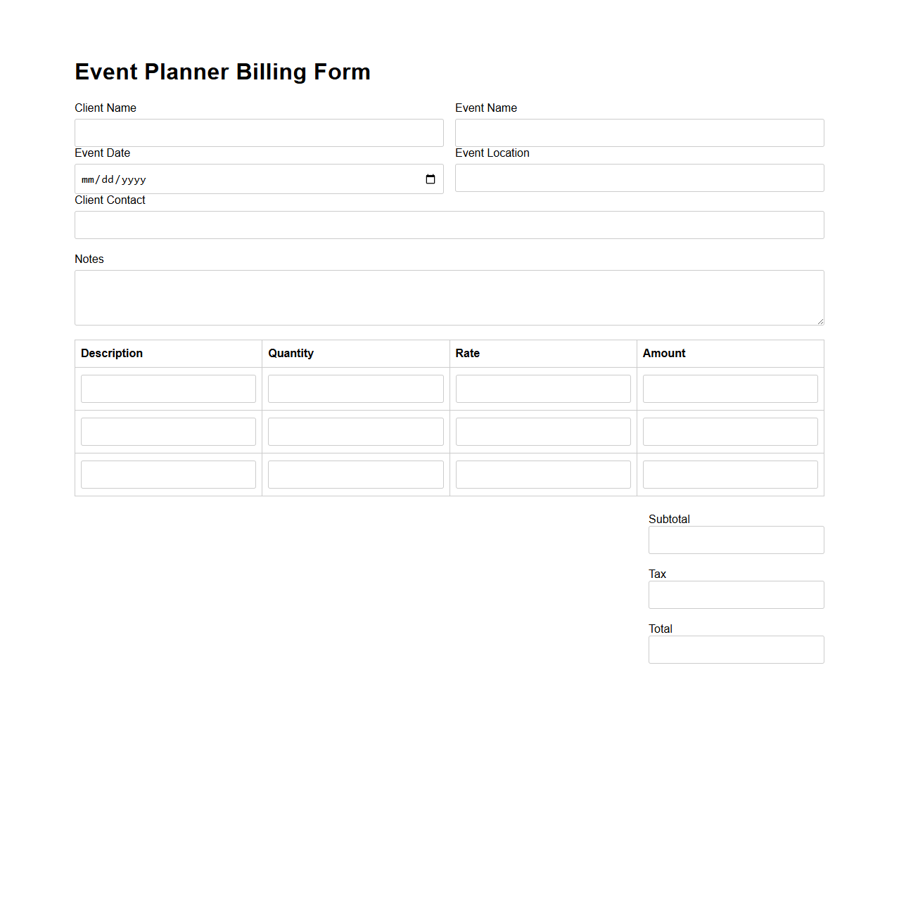 Simple Event Planner Billing Form