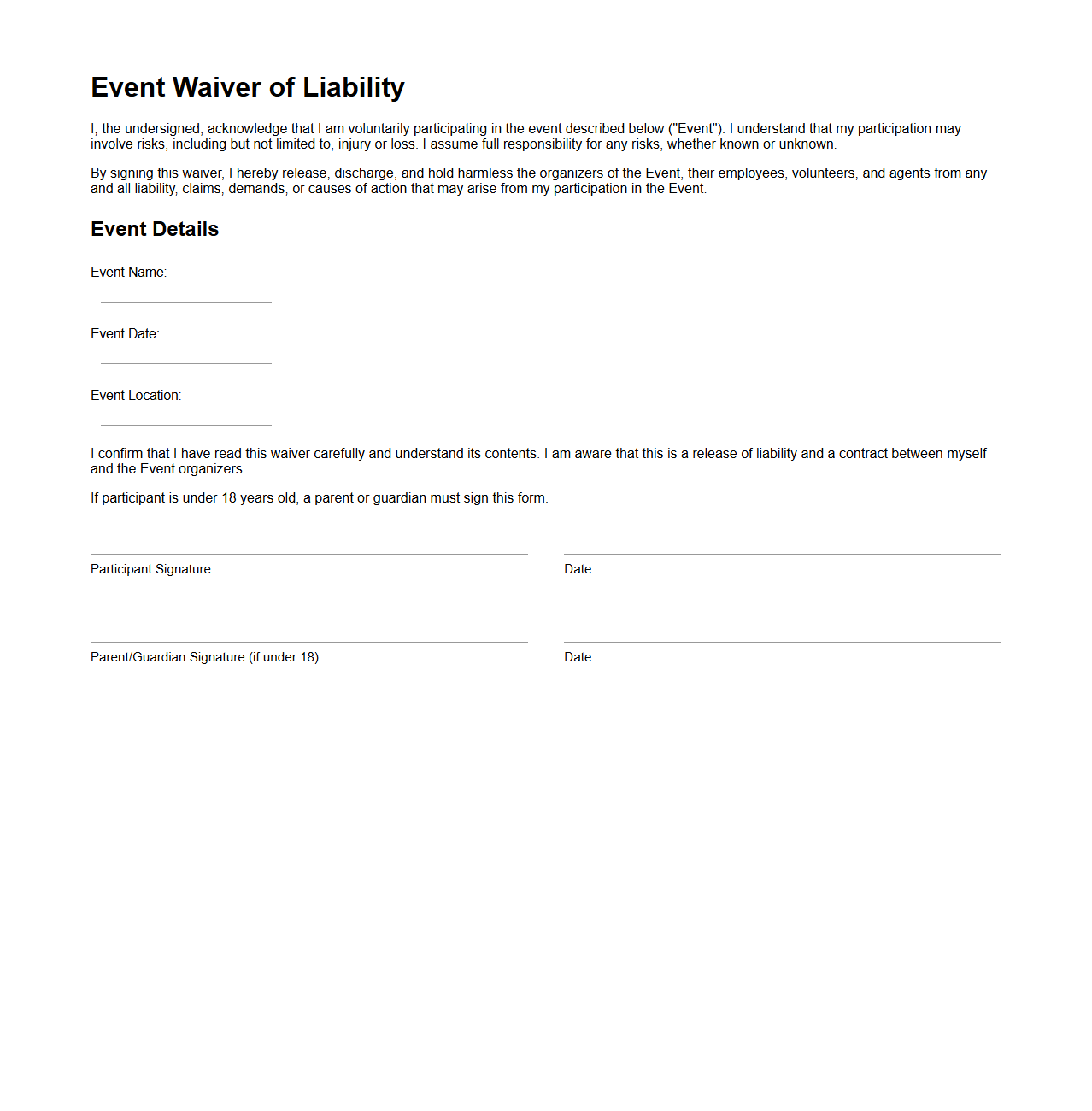 Simple Event Waiver of Liability Template