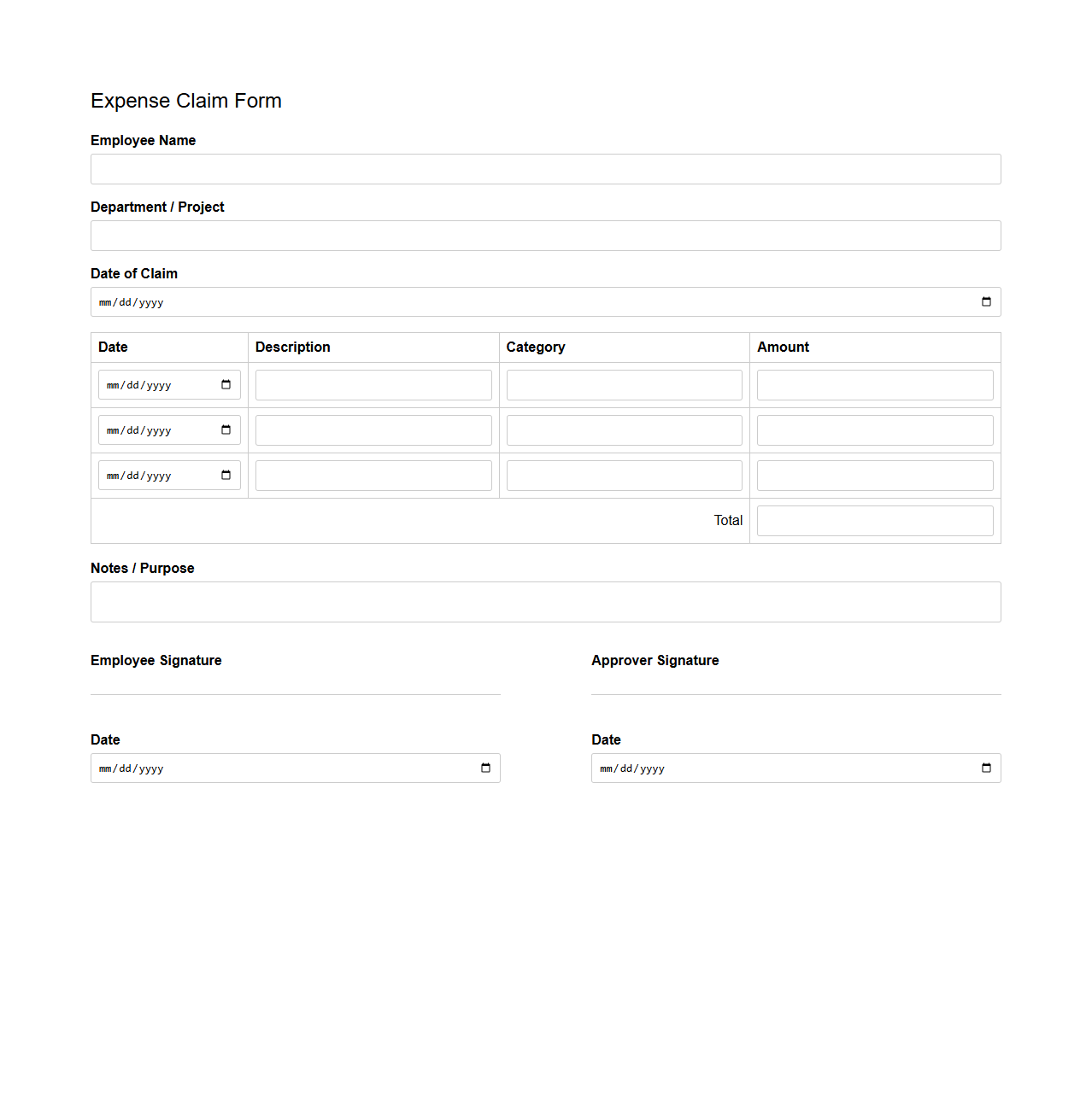 Simple Expense Claim Form Template for Business Use