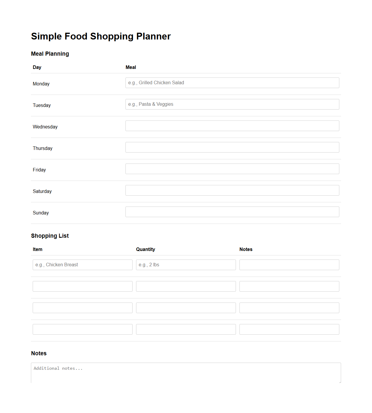 Simple Food Shopping Planner