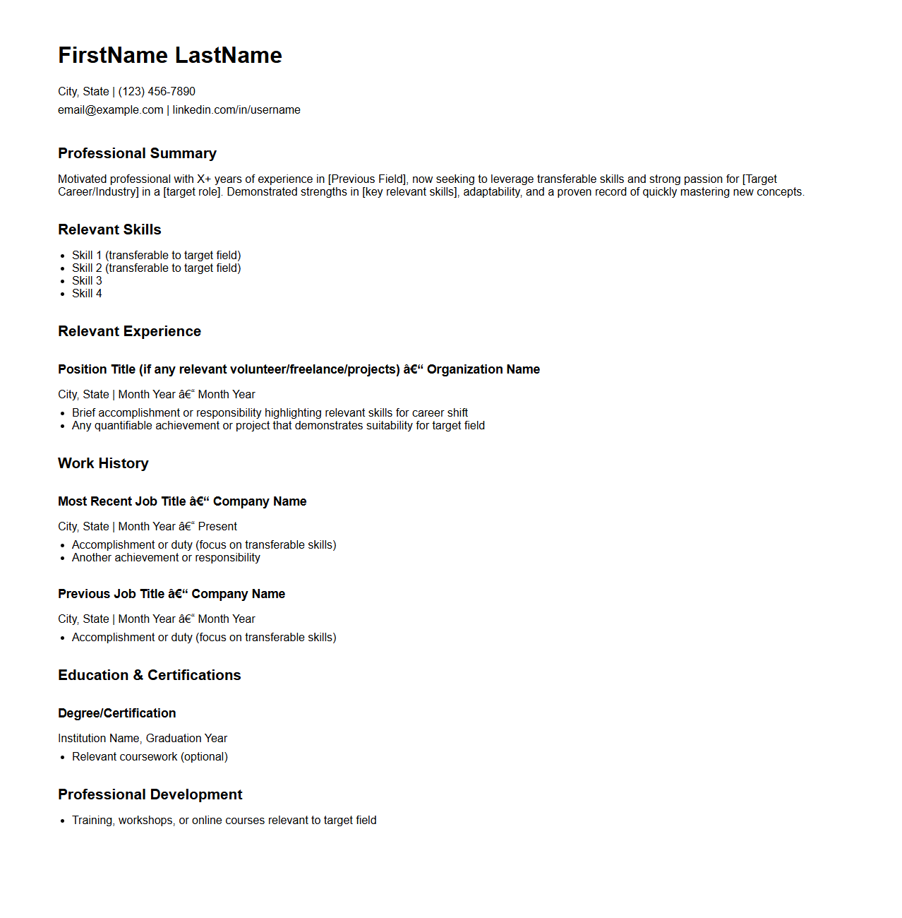 Simple Format for Career Shift Resumes