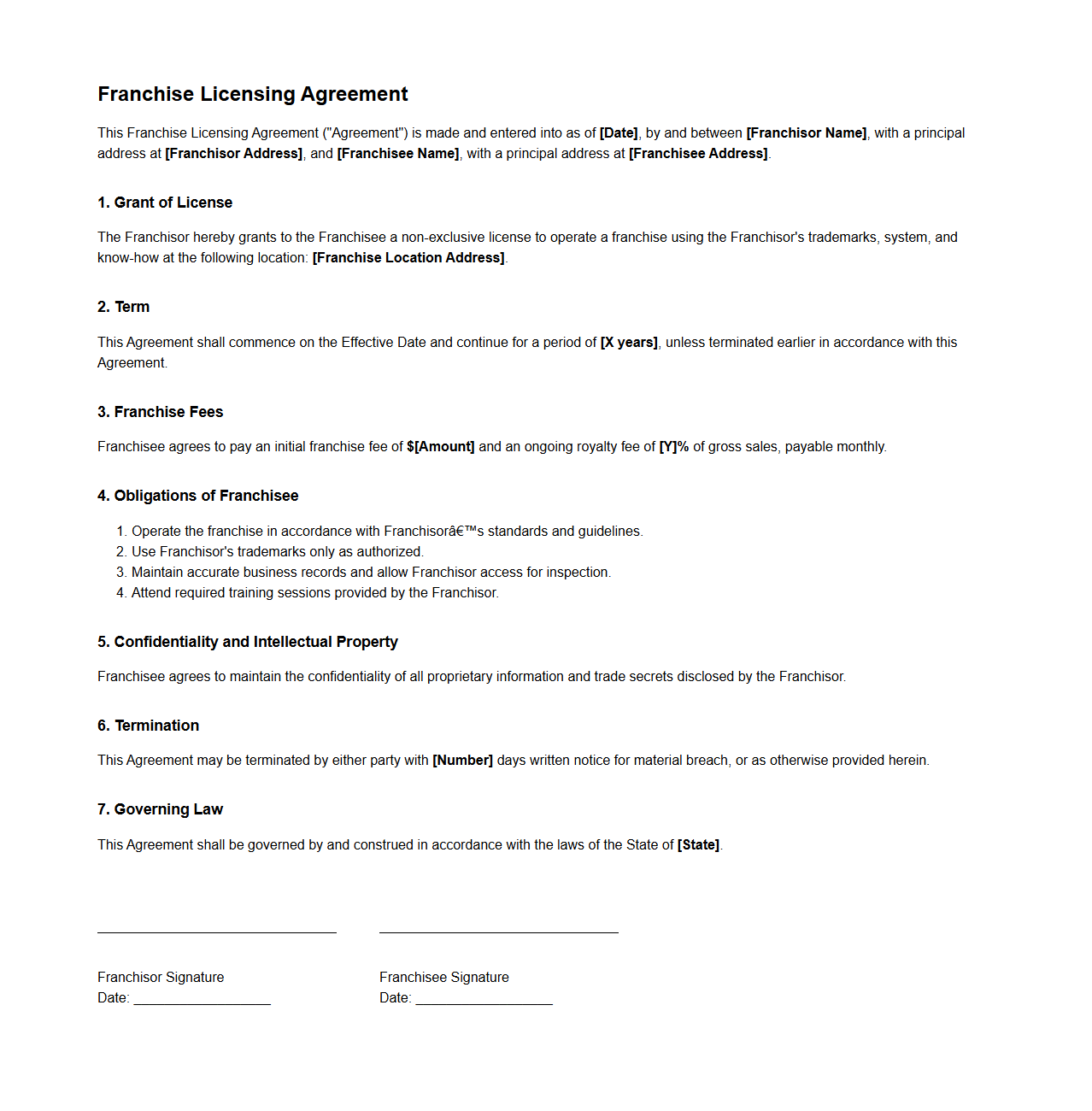 Simple Franchise Licensing Template for Commercial Use