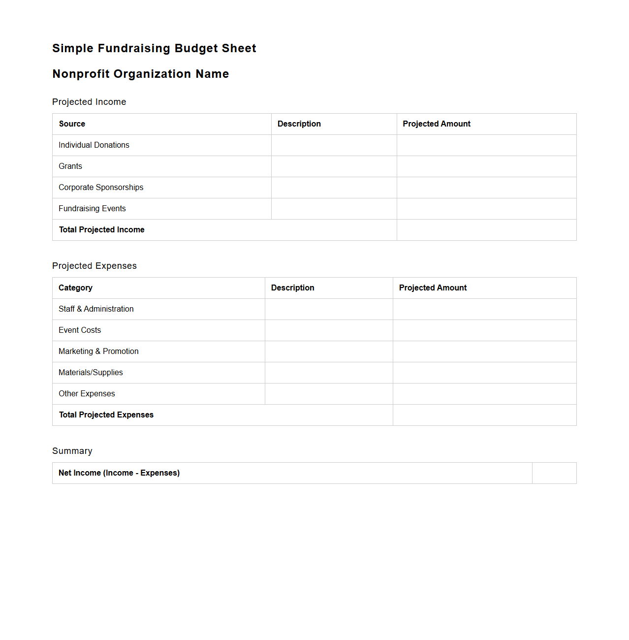 Simple Fundraising Budget Sheet for Nonprofits