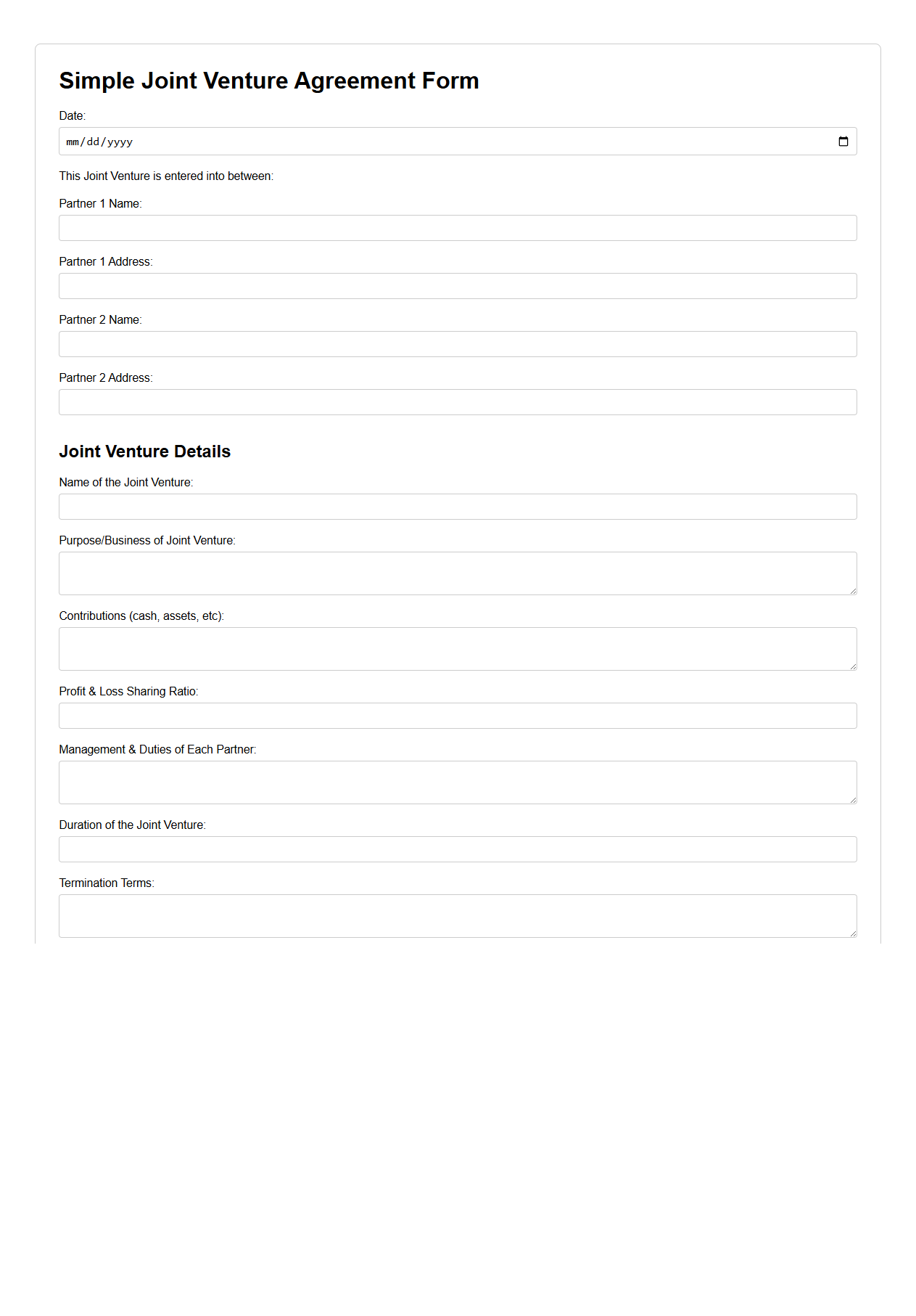 Simple Joint Venture Agreement Form for Partnerships