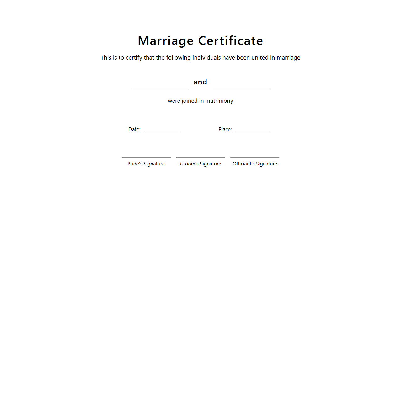 Simple Marriage Certificate Template for Newlyweds
