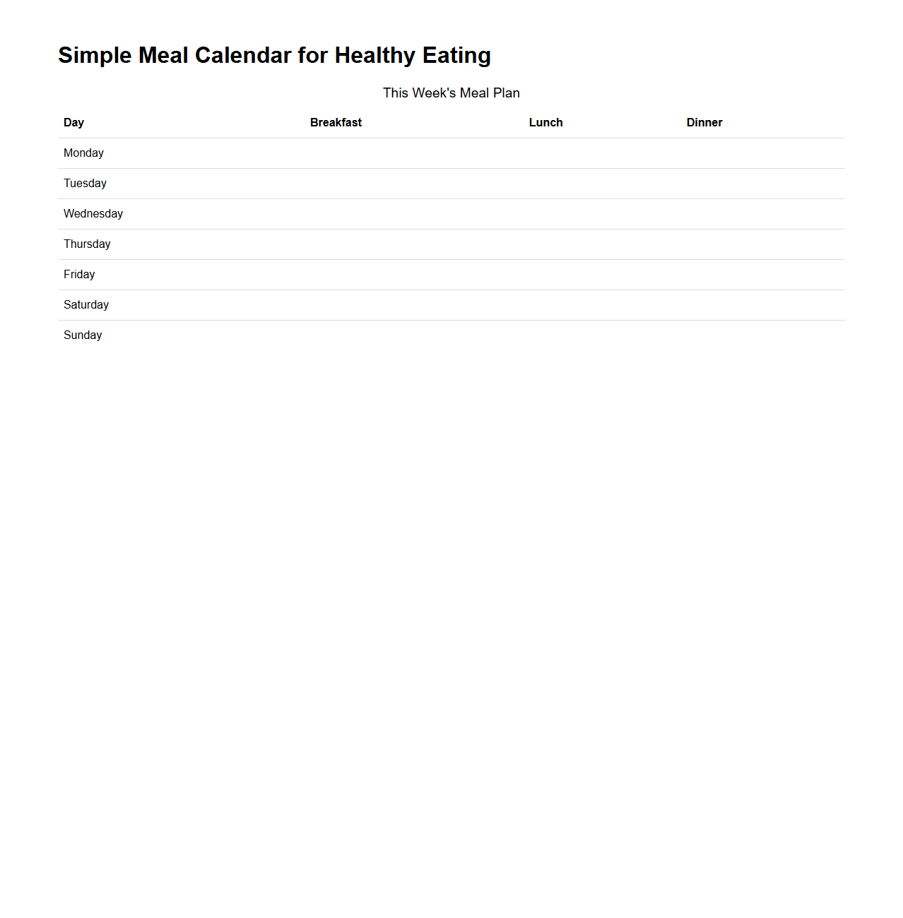 Simple Meal Calendar for Healthy Eating