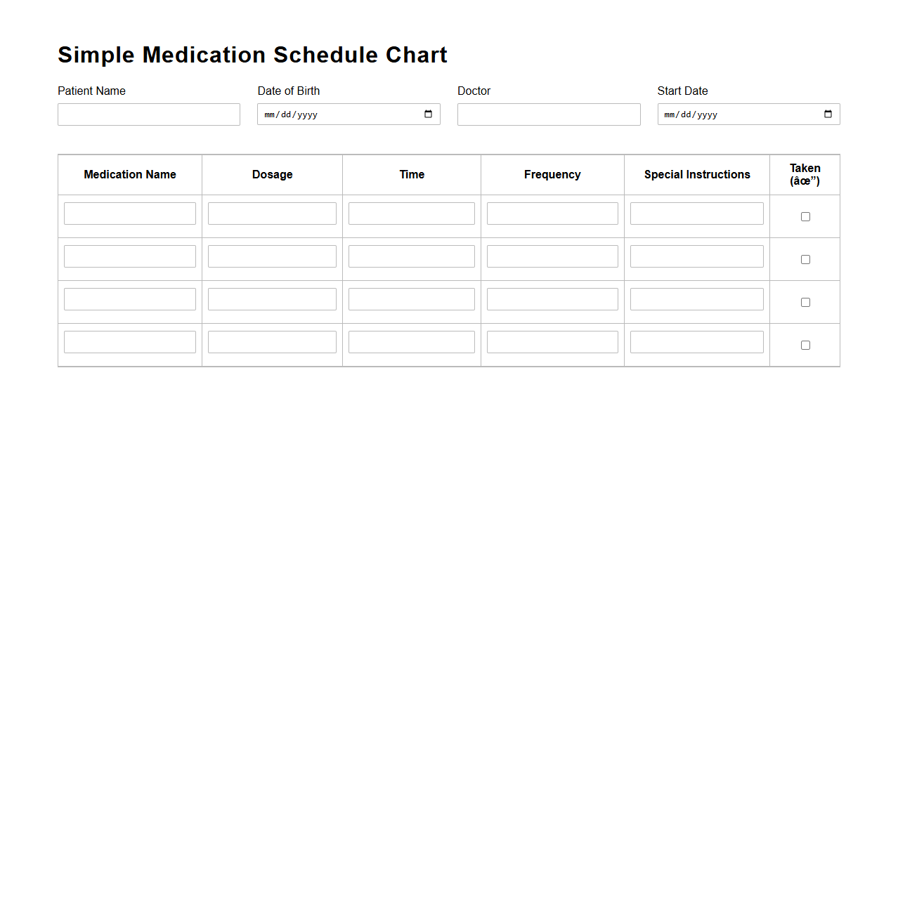 Simple Medication Schedule Chart for Patients