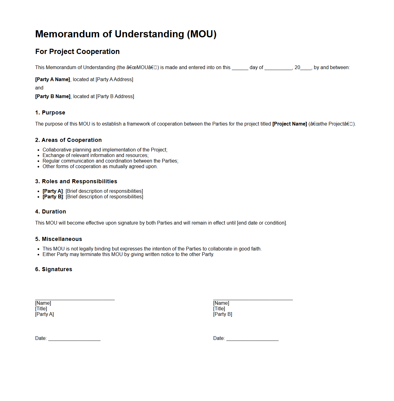 Simple MOU Format for Project Cooperation