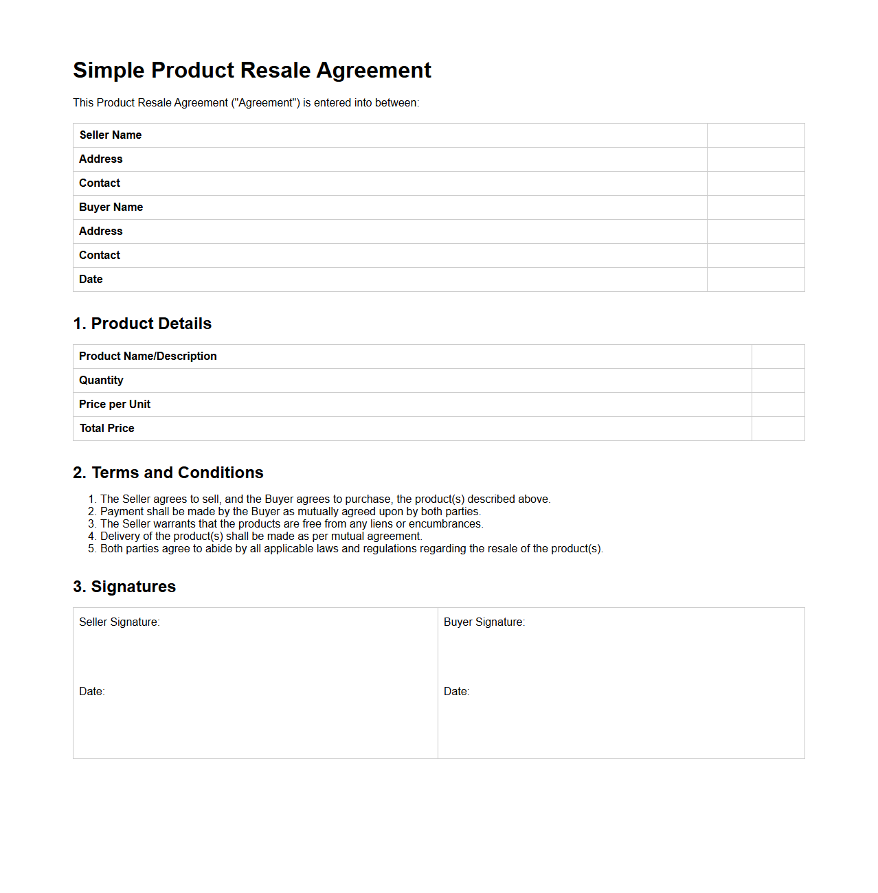 Simple Product Resale Agreement Format