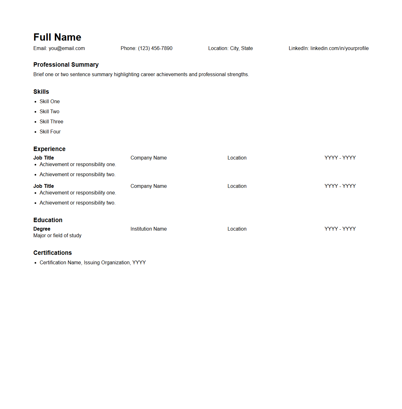 Simple Resume Outline for Professional Applications
