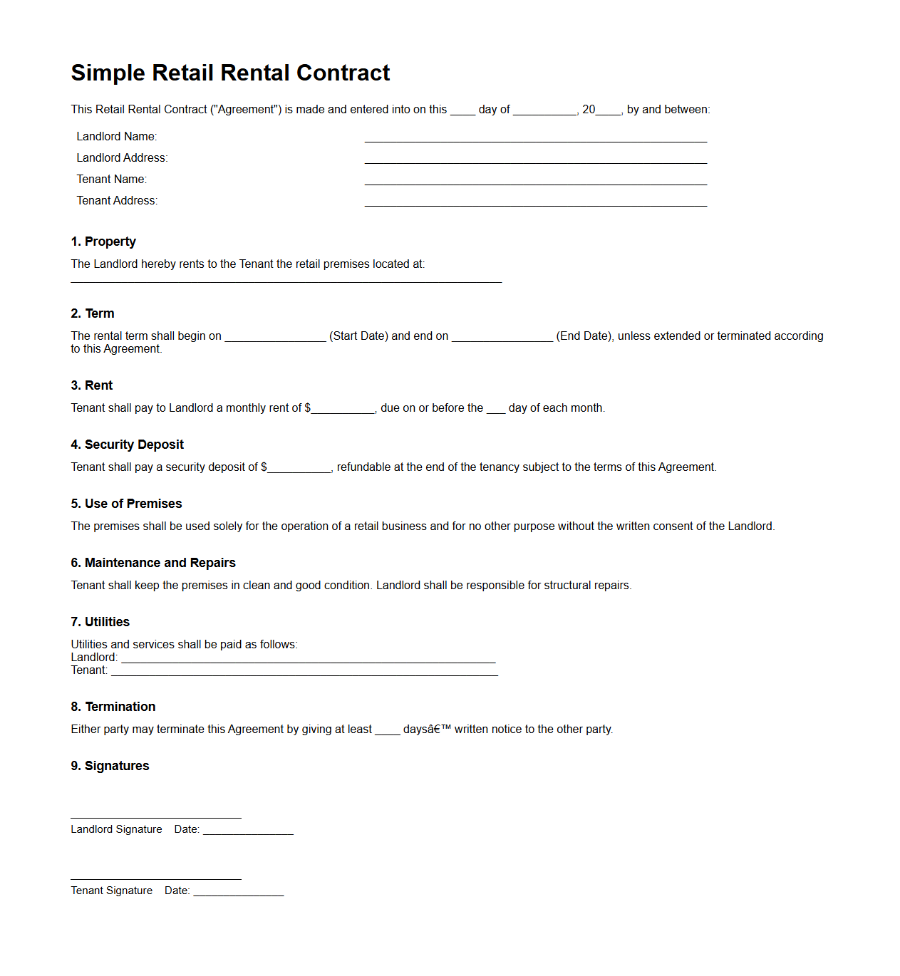 Simple Retail Rental Contract Template