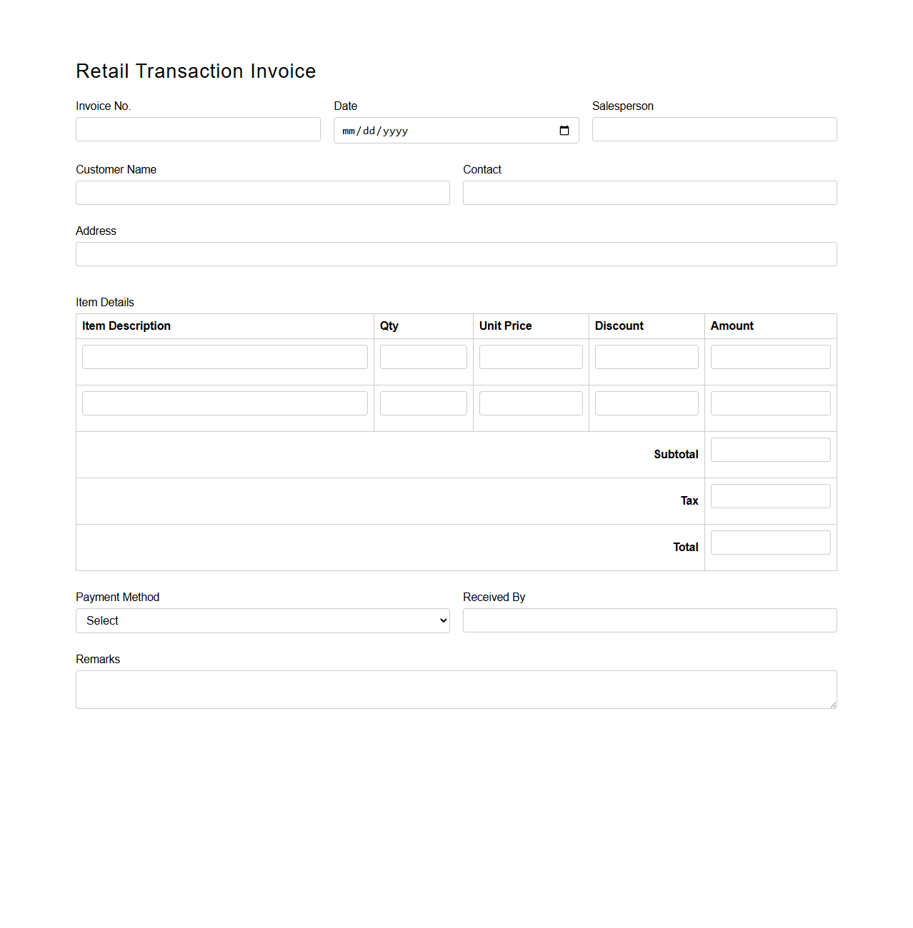 Simple Retail Transaction Invoice Form