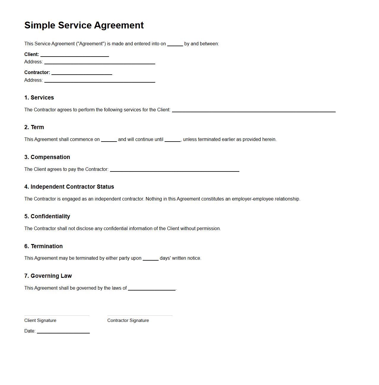 Simple Service Agreement Template for Independent Contractors