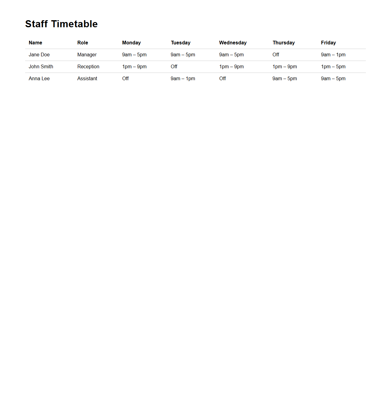 Simple Staff Timetable Template for Shifts