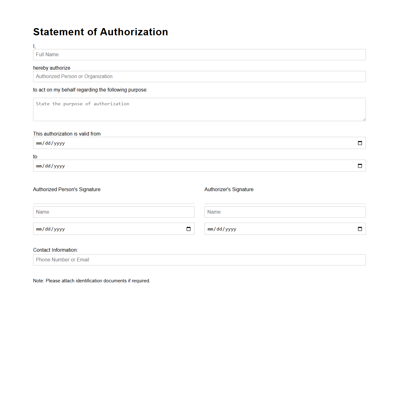 Simple Statement of Authorization Form Template