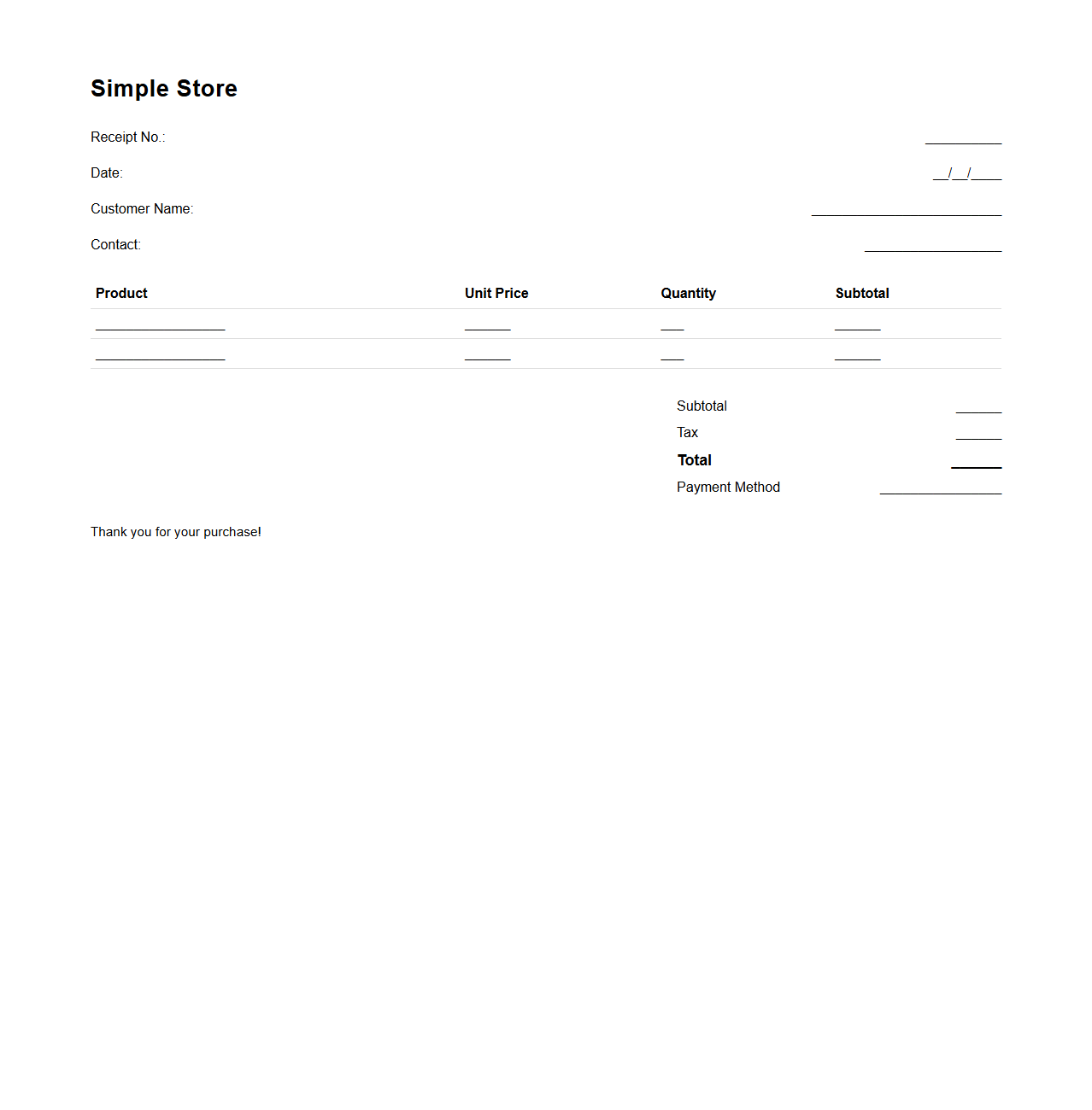 Simple Store Product Purchase Receipt Template