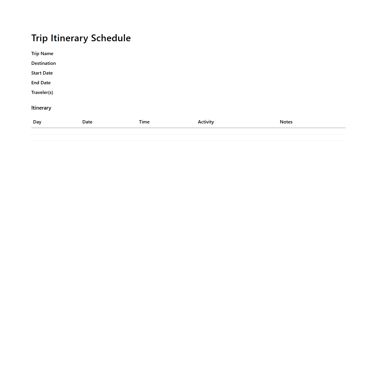 Simple Trip Itinerary Schedule Layout