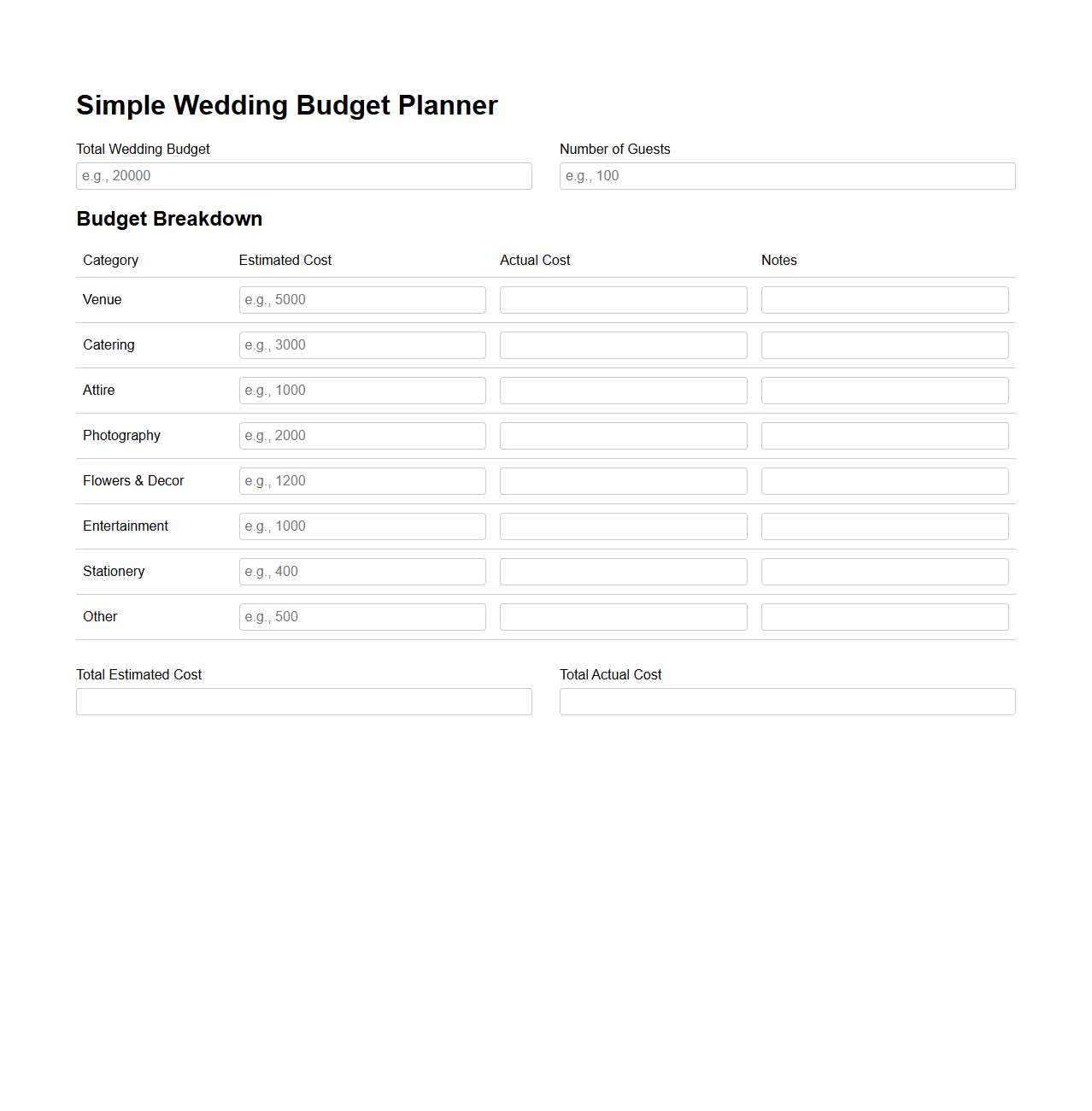 Simple Wedding Budget Planner Template