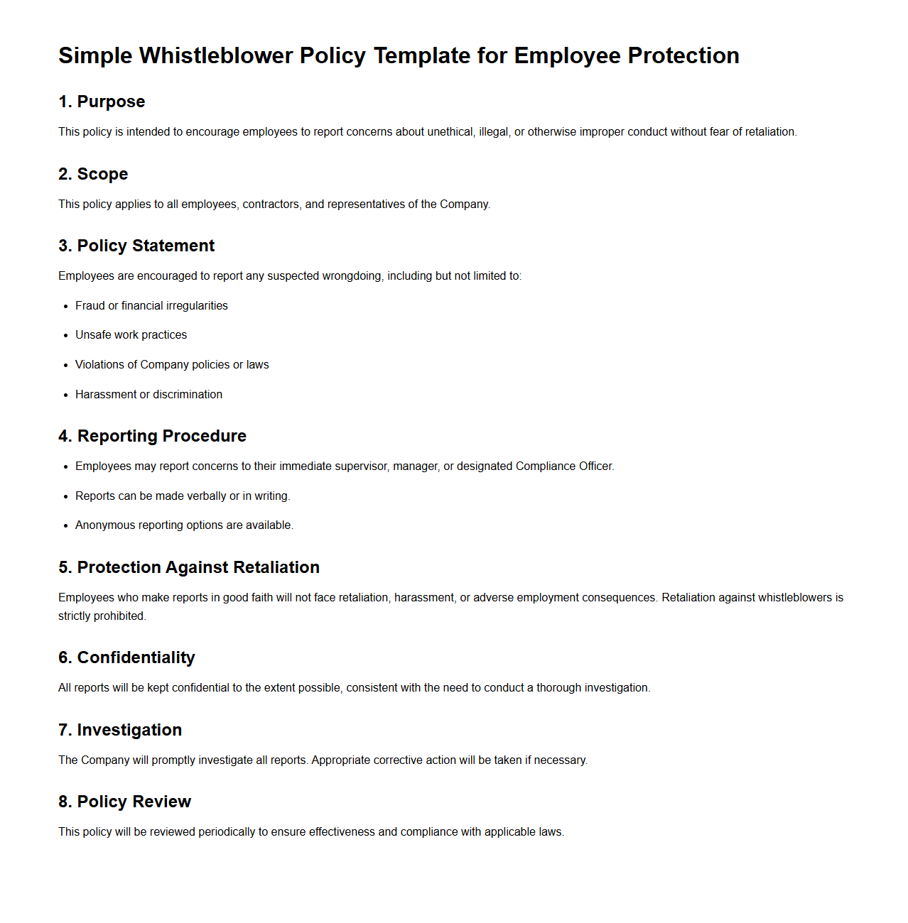 Simple Whistleblower Policy Template for Employee Protection