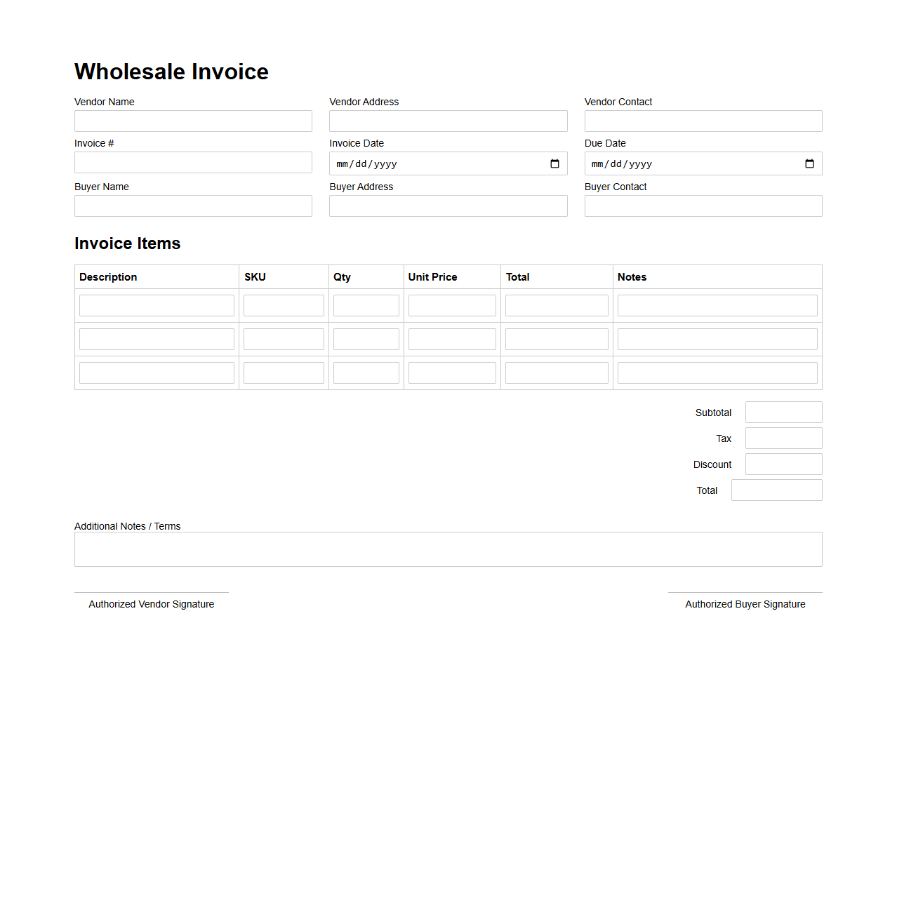 Simple Wholesale Invoice Form for Vendors