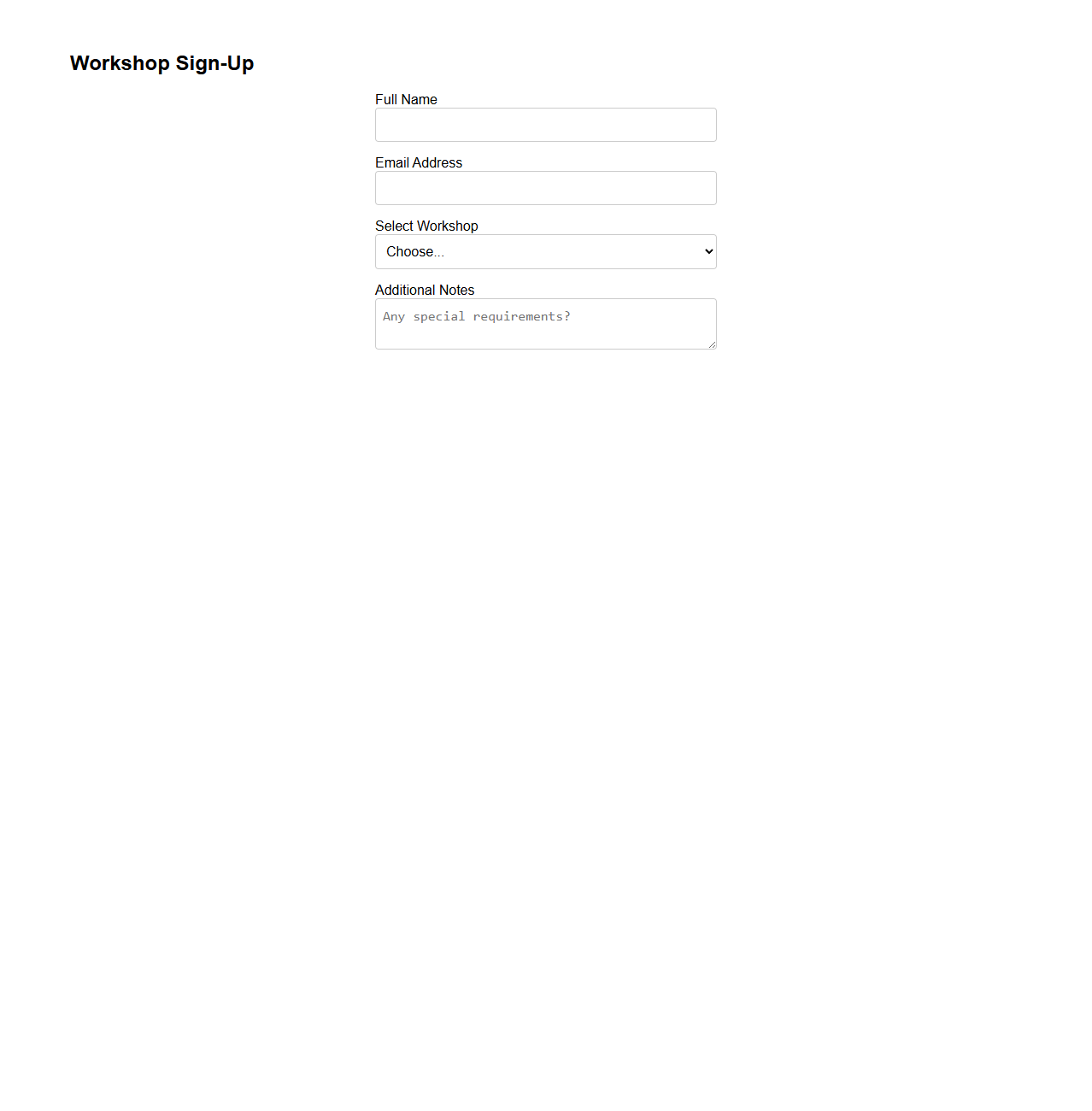 Simple Workshop Sign-Up Form Layout