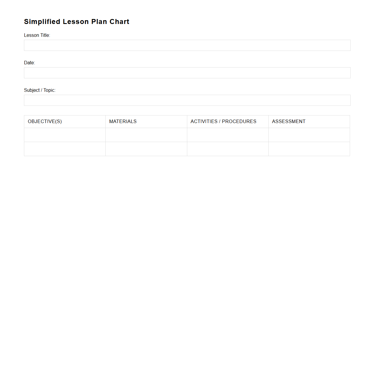 Simplified Blank Lesson Plan Chart