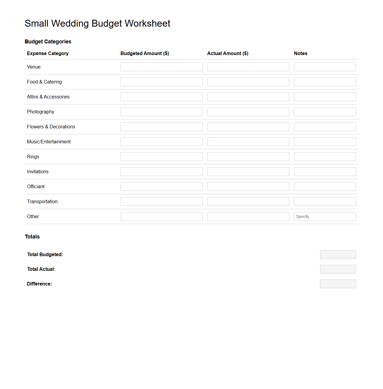 Small Wedding Budget Worksheet