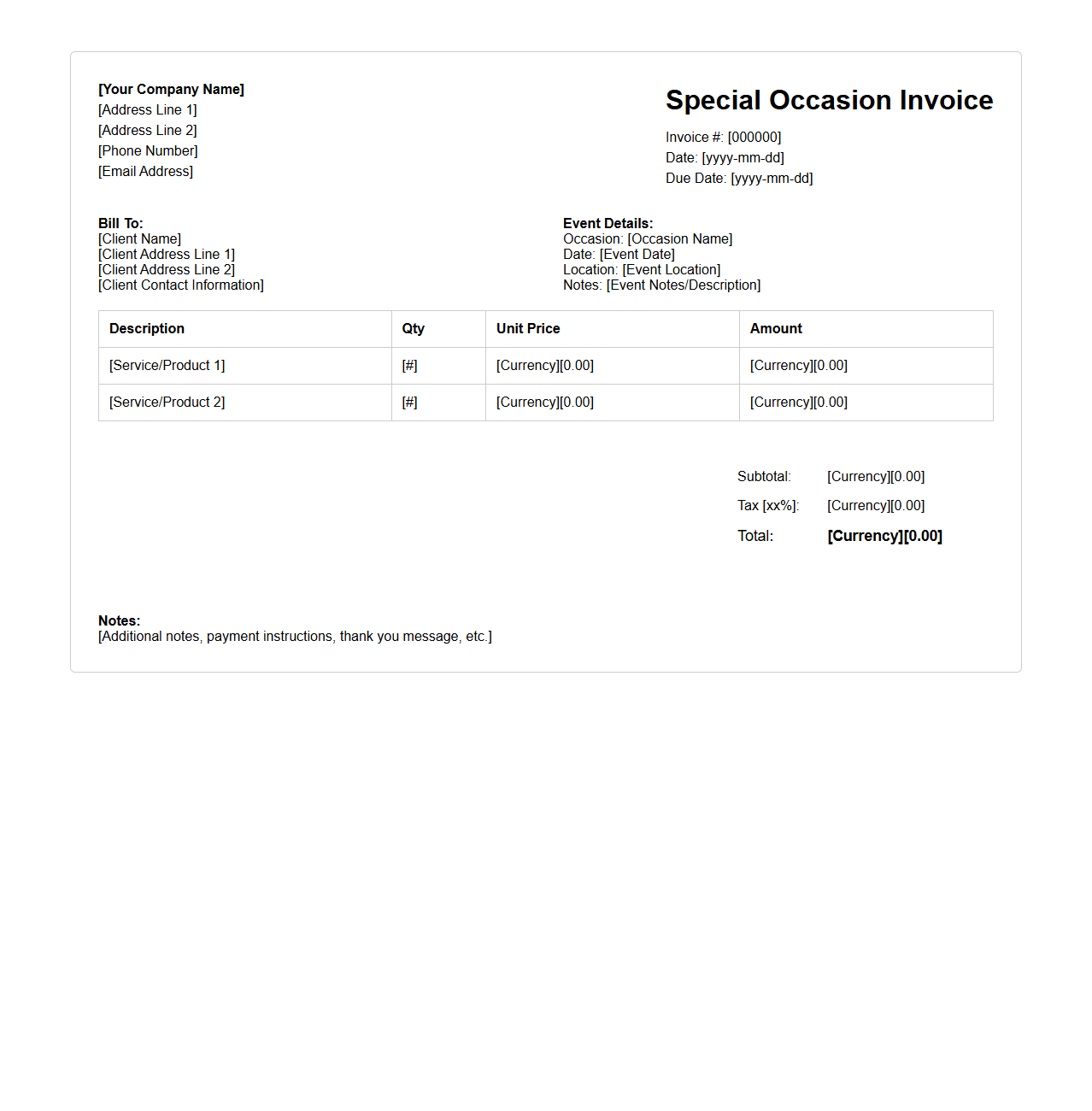 Special Occasion Invoice Document