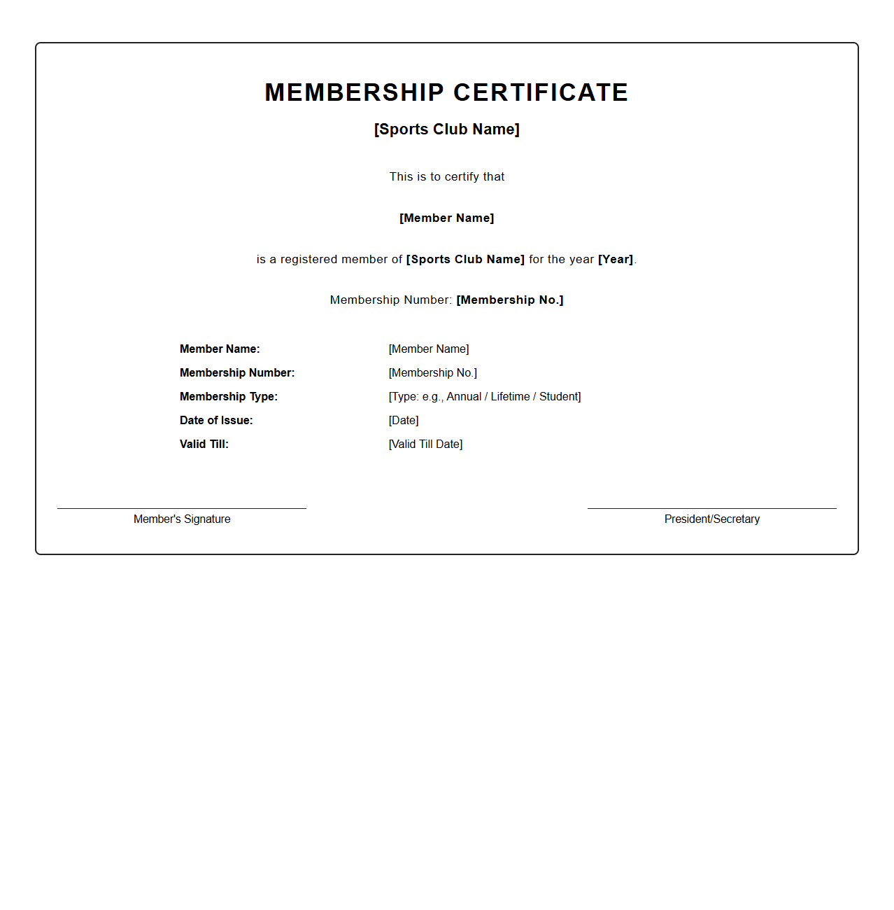 Sports Club Membership Certificate Format