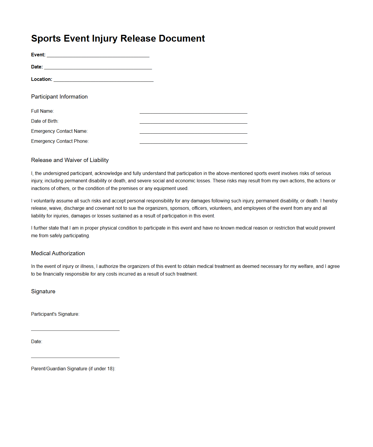 Sports Event Injury Release Document Template
