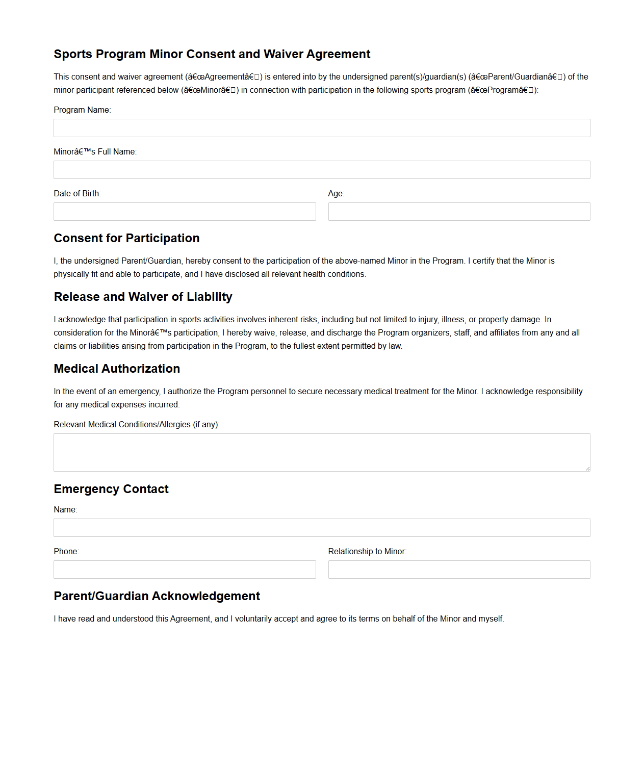 Sports Program Minor Consent and Waiver Agreement