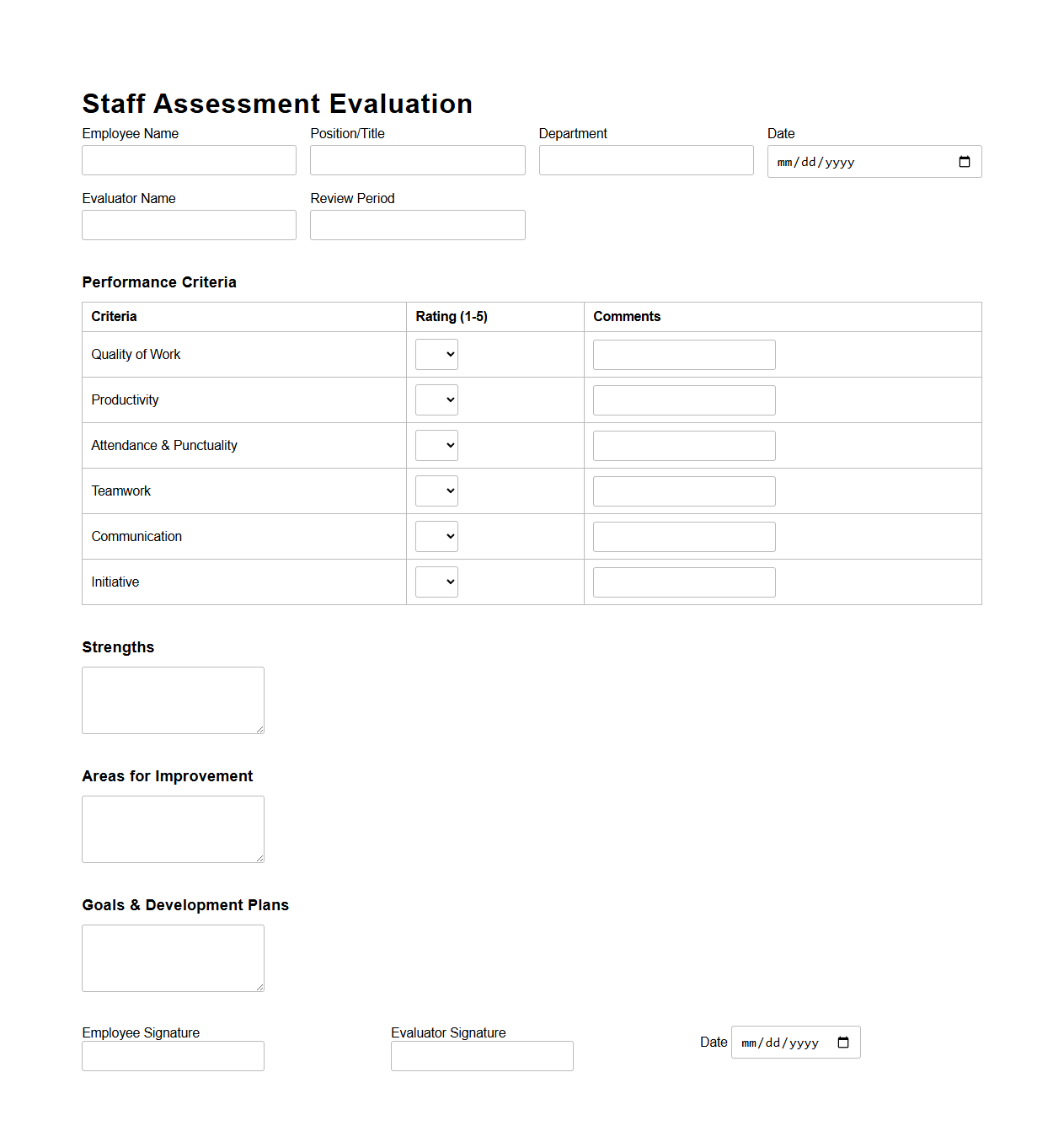 Staff Assessment Blank Evaluation Template