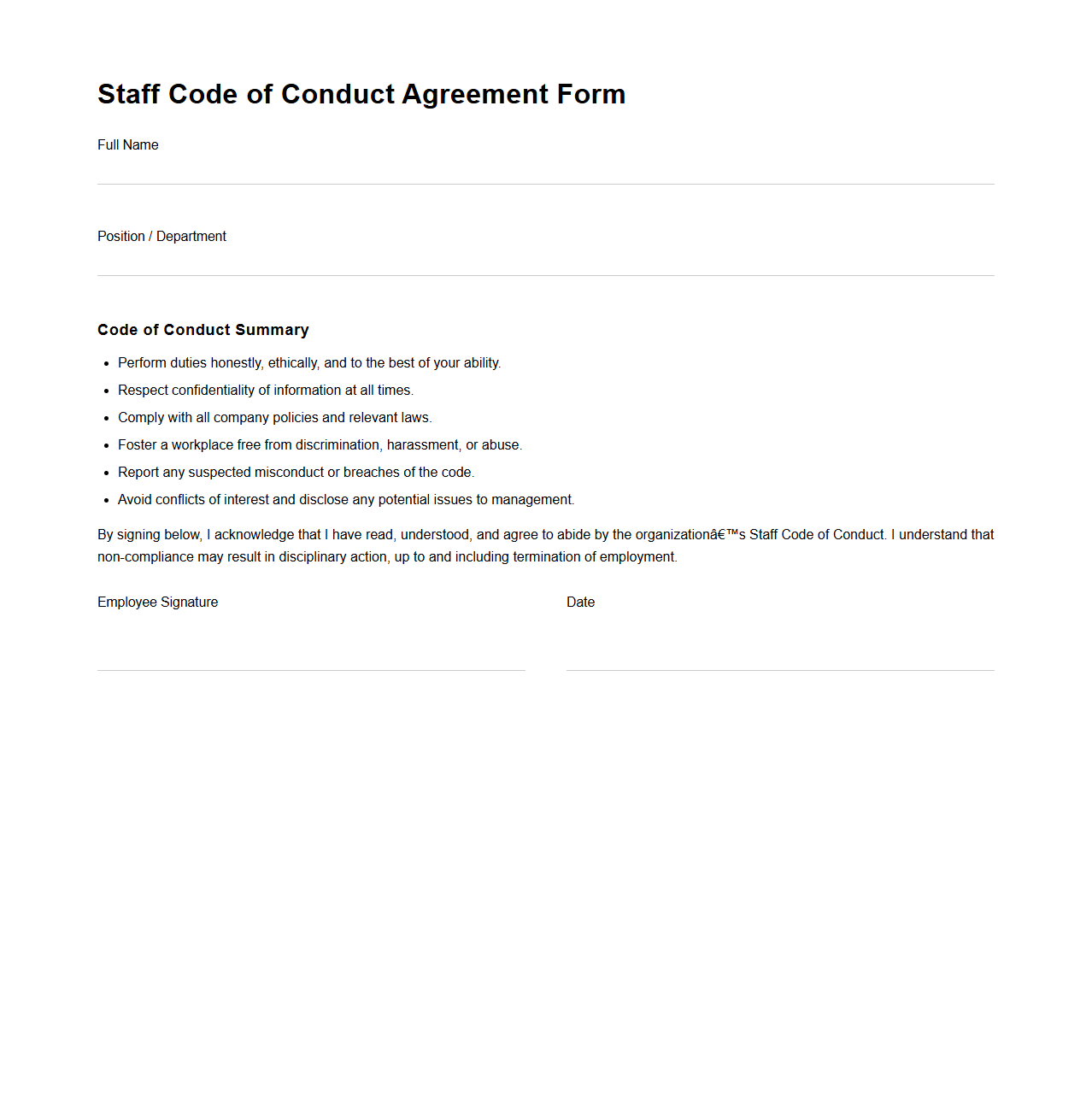 Staff Code of Conduct Agreement Form