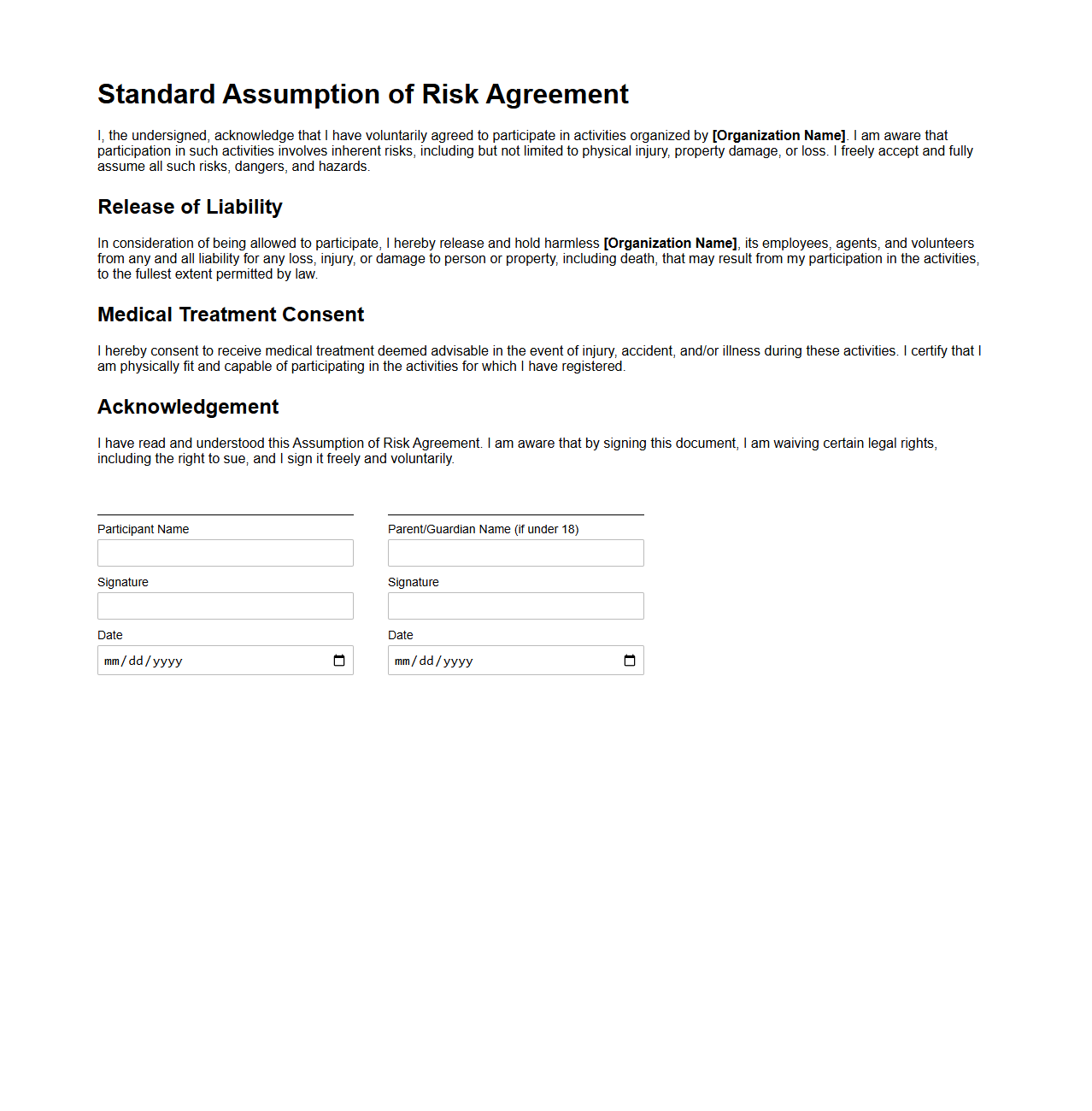 Standard Assumption of Risk Agreement