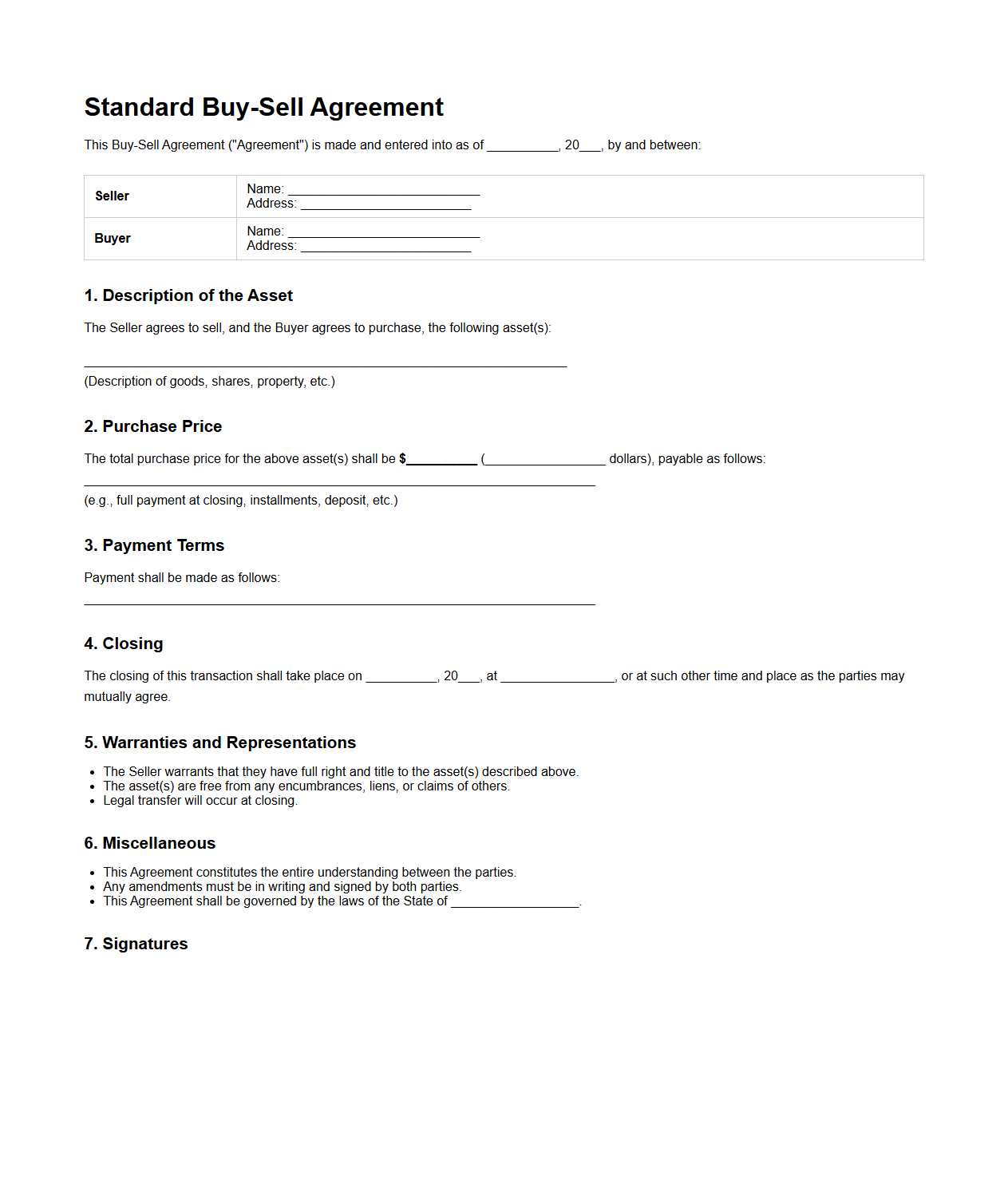 Standard Buy-Sell Agreement Format Sample