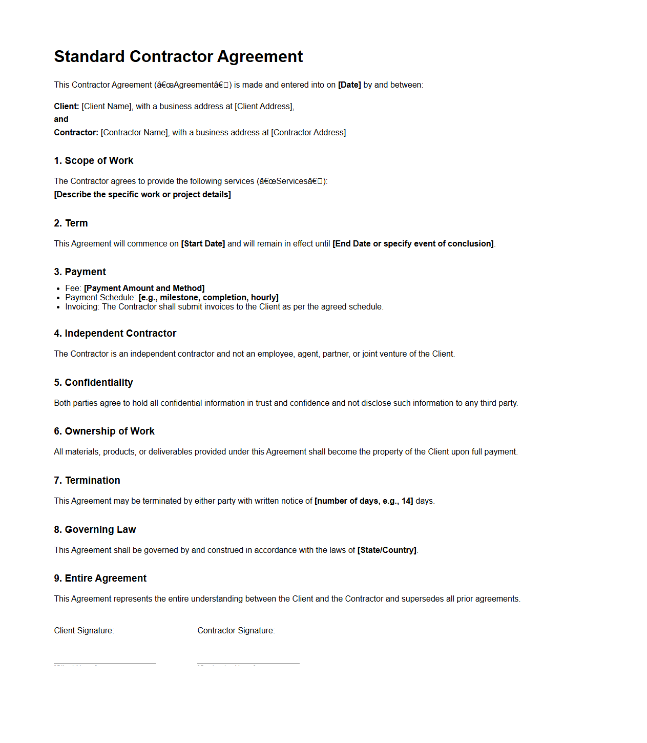 Standard Contractor Agreement Template for Projects