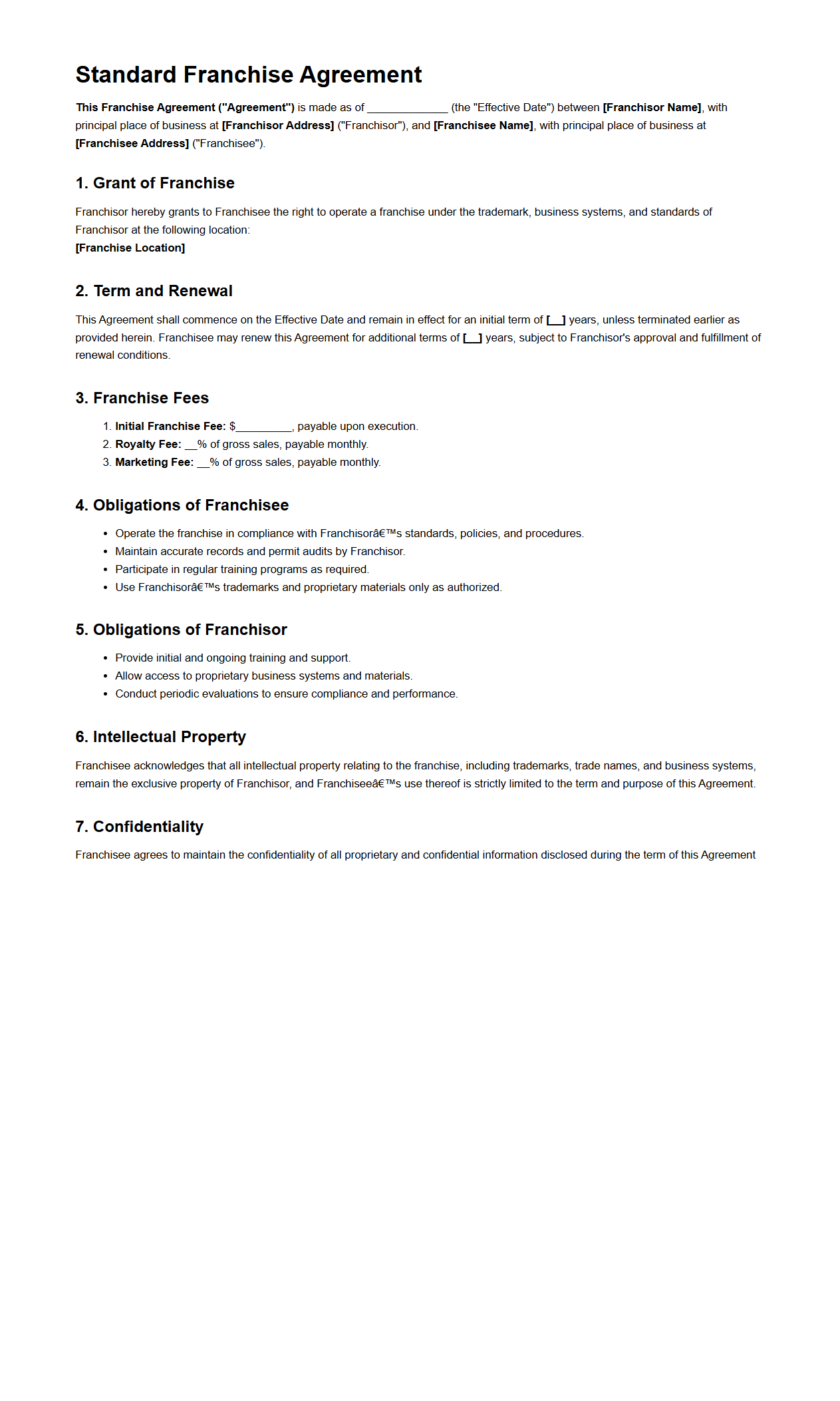 Standard Franchise Agreement Template for Business Expansion