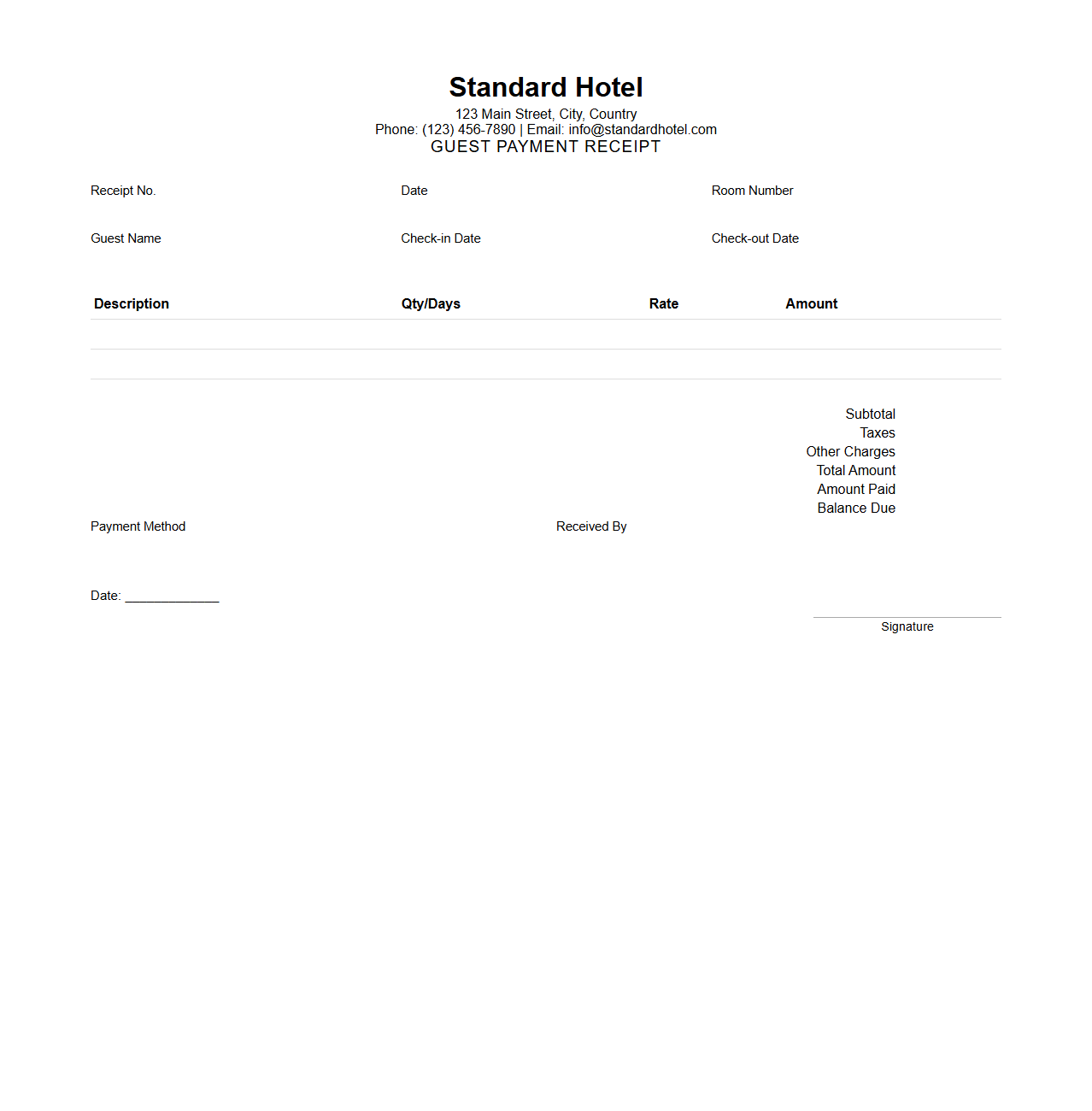 Standard Hotel Guest Payment Receipt Format