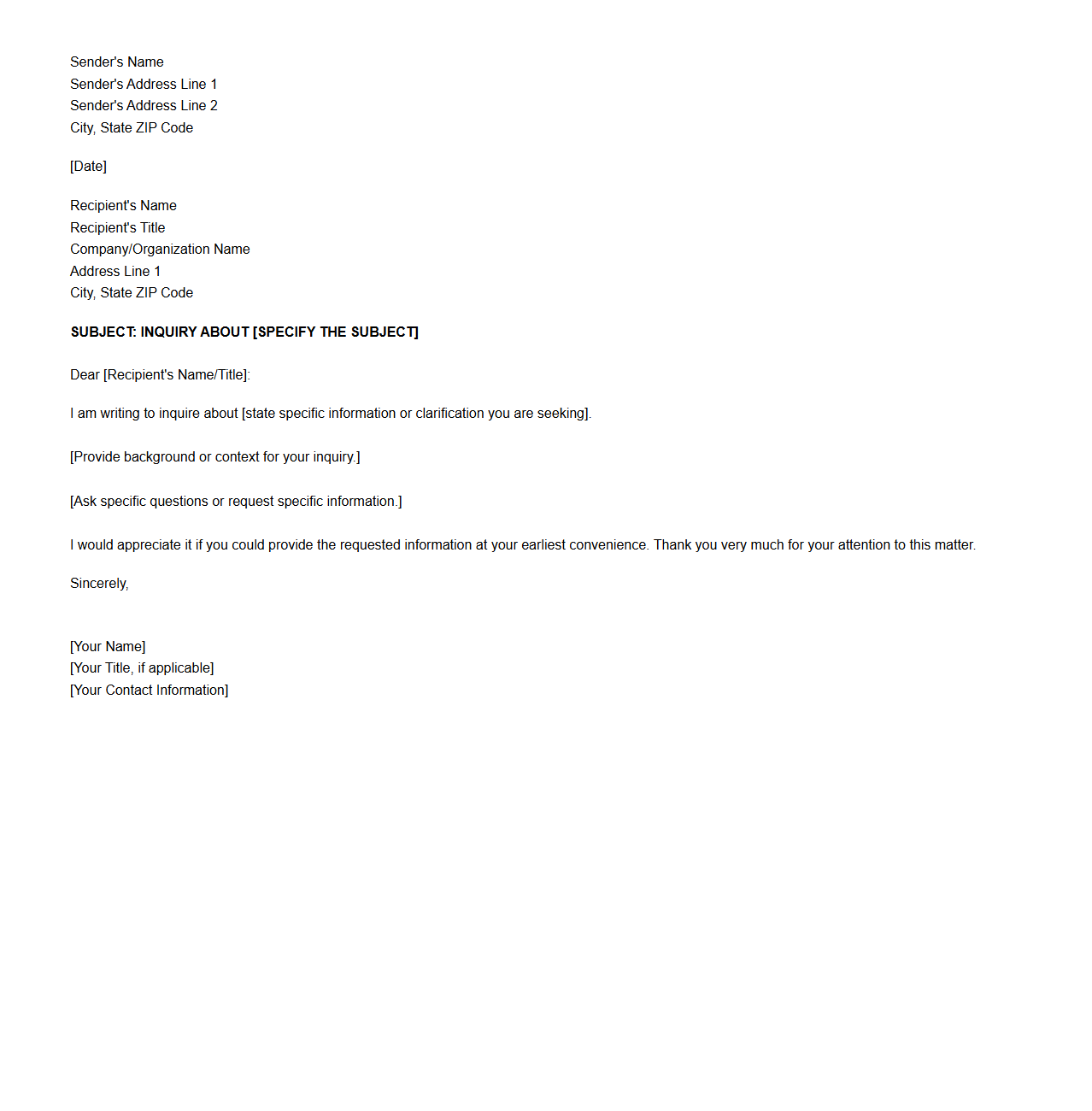 Standard Inquiry Letter Layout