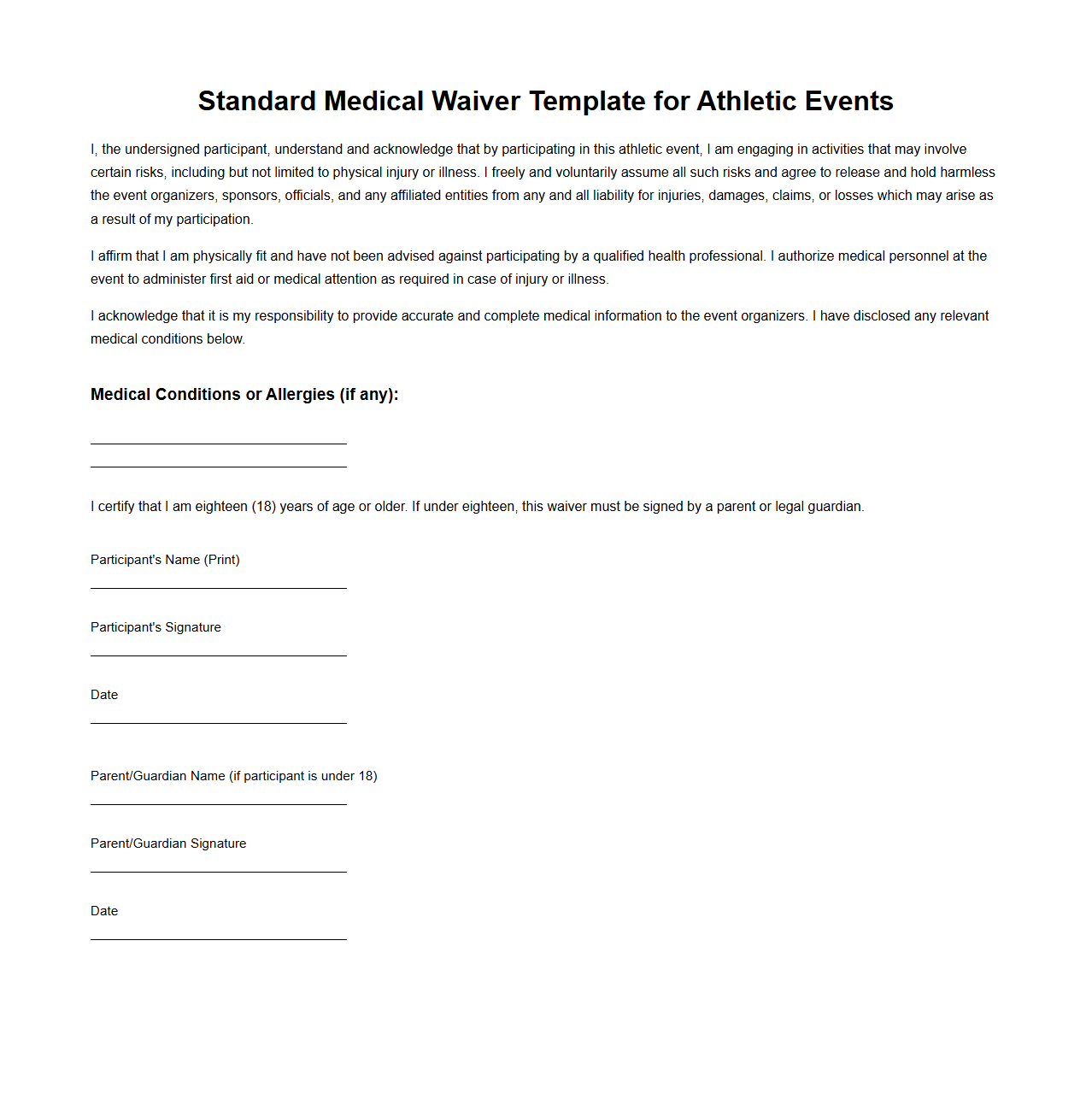 Standard Medical Waiver Template for Athletic Events