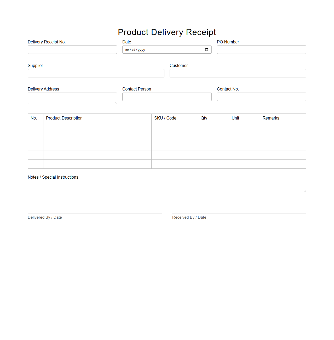 Standard Product Delivery Receipt Form