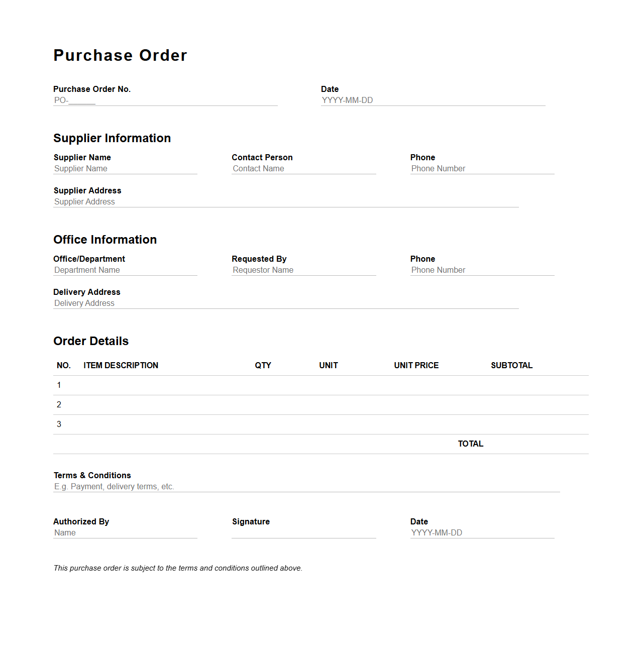 Standard Purchase Order Template for Office Resources