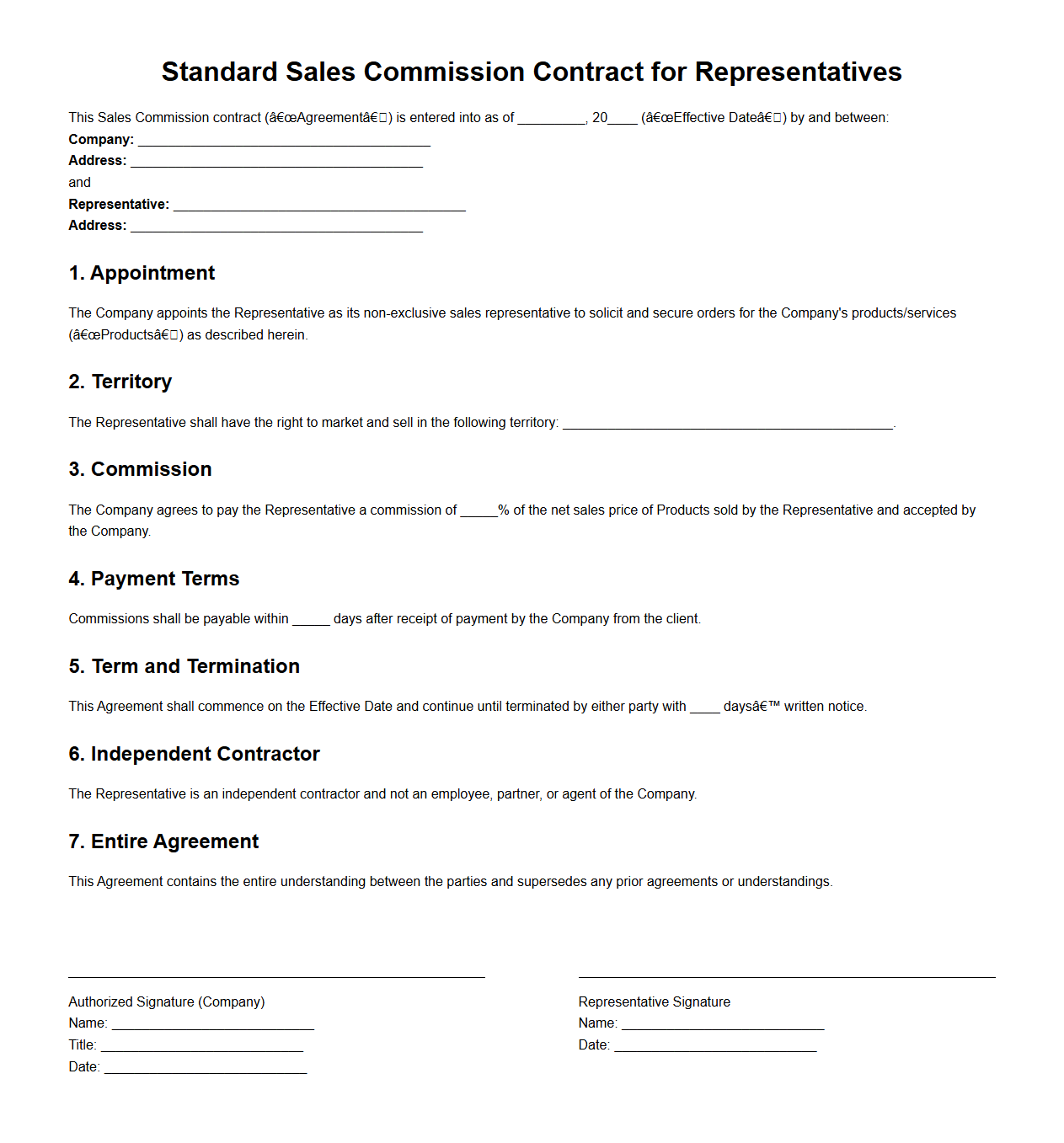 Standard Sales Commission Contract for Representatives