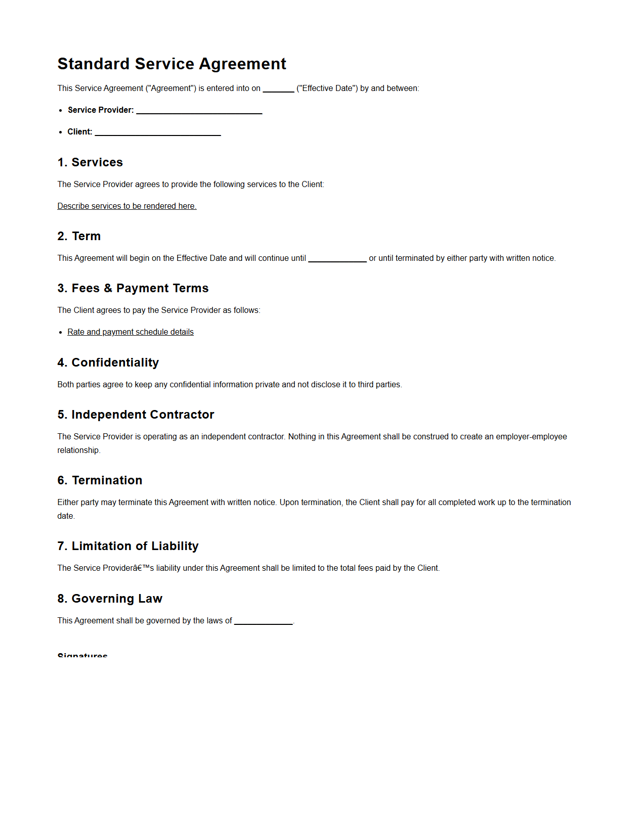 Standard Service Agreement Layout for Solo Providers