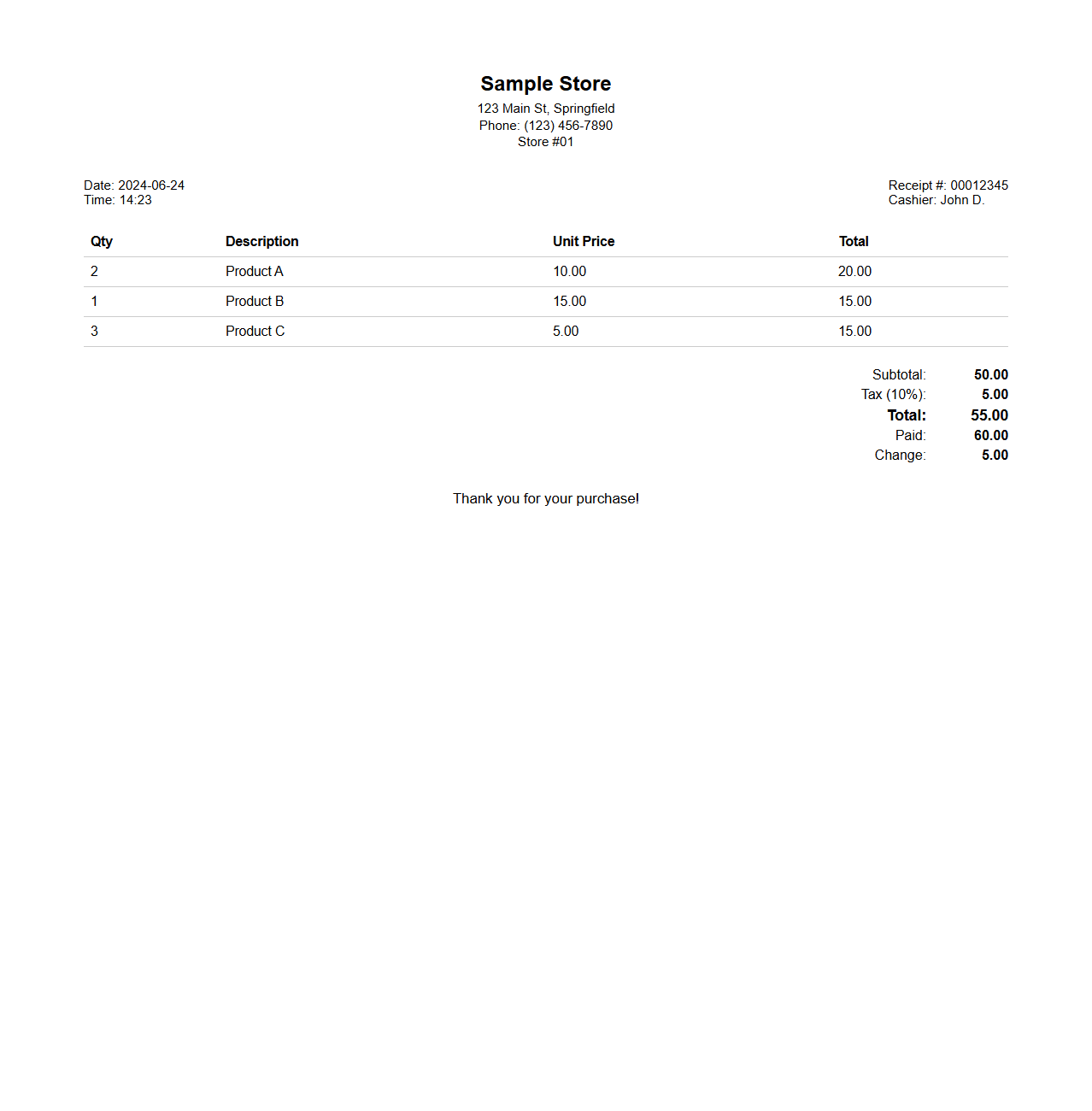 Standard Store Product Receipt Layout