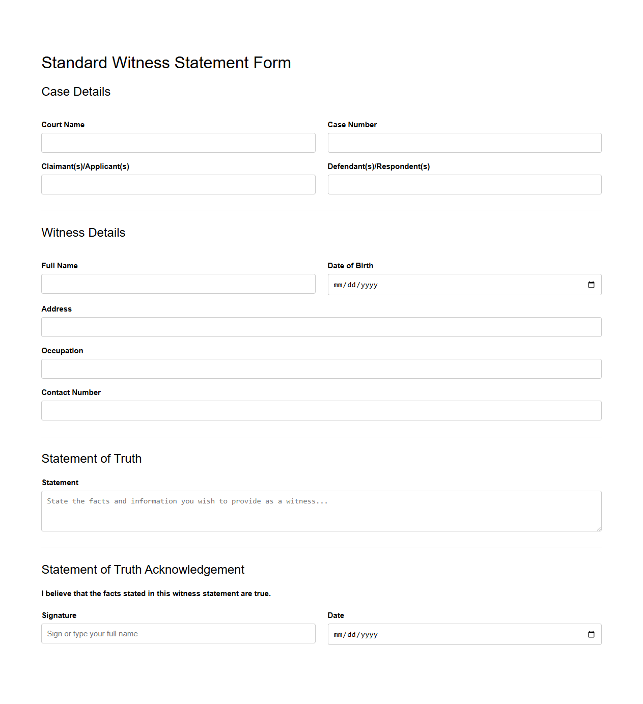 Standard Witness Statement Form for Court Testimony