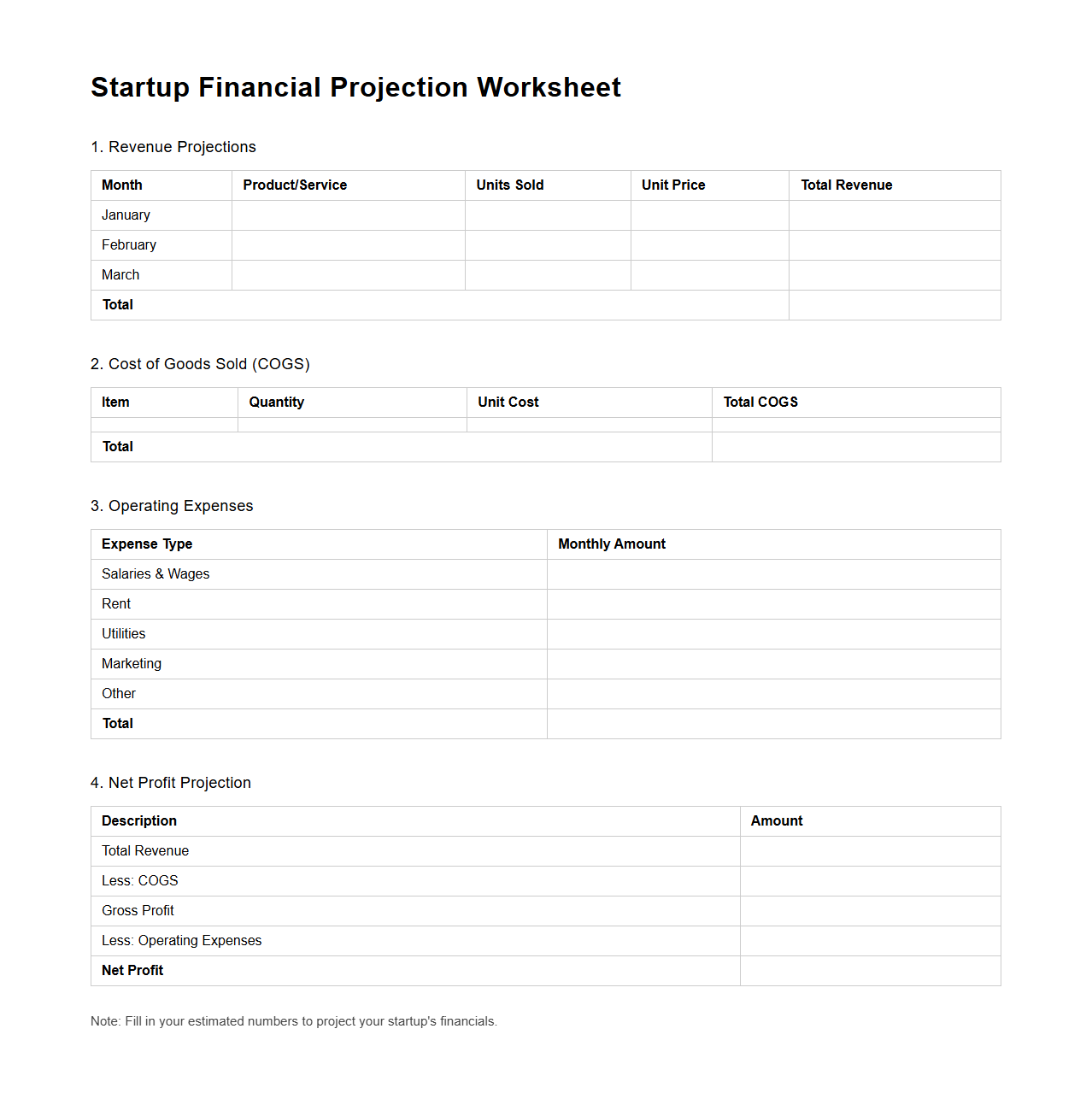 Startup Financial Projection Worksheet